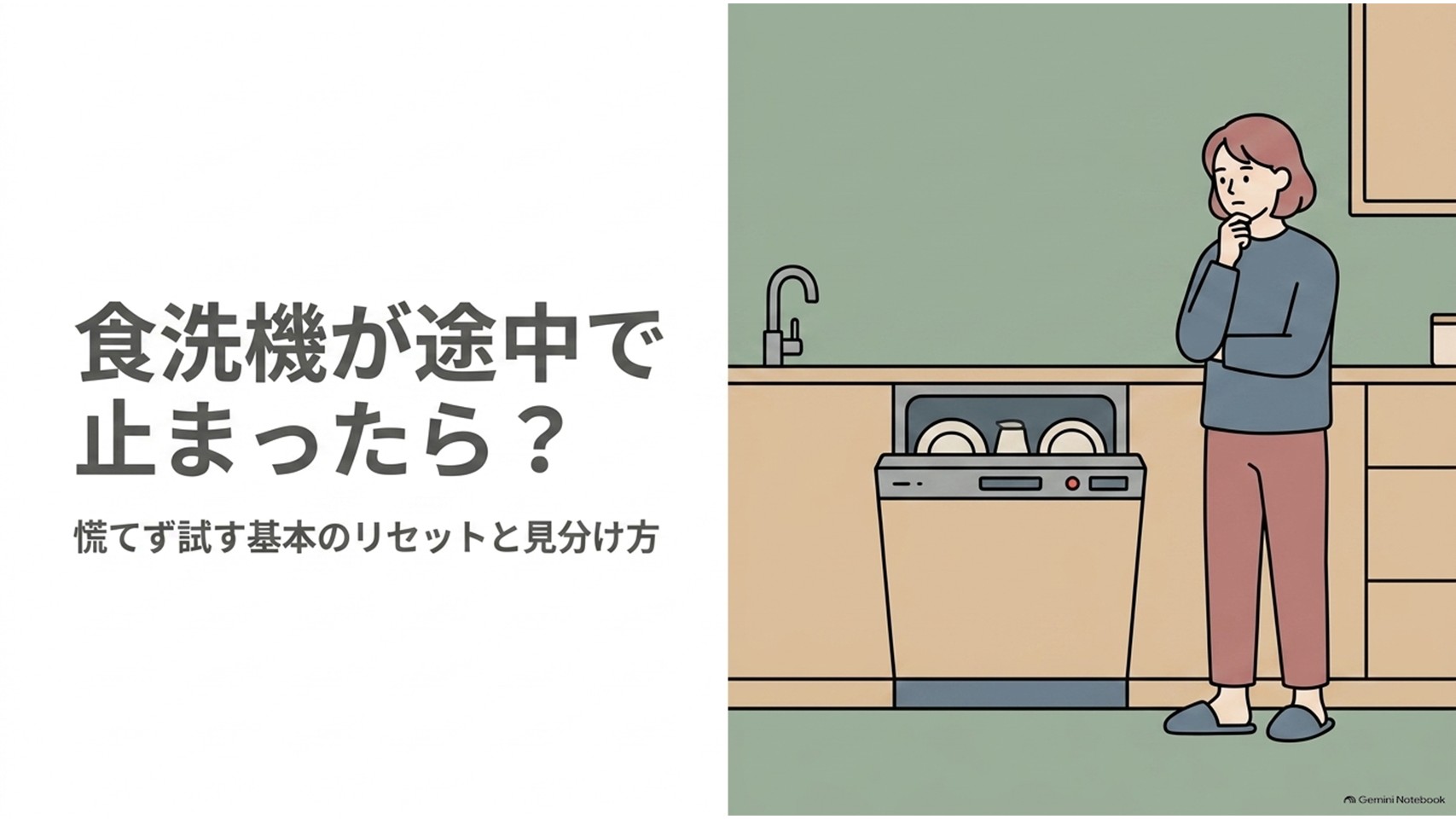 パナソニックの食洗機が運転途中で止まったときのリセットと原因の見分け方を示す導入スライド。キッチンのビルトイン食洗機が停止し、困った様子で確認する女性が描かれている。
