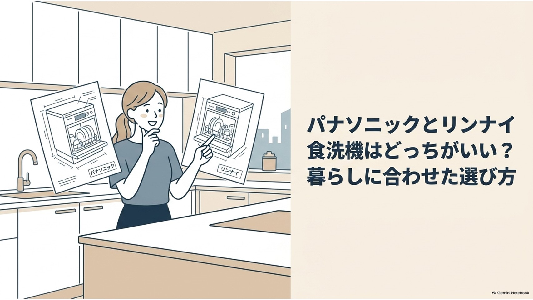 パナソニックとリンナイのビルトイン食洗機を比較しながら、どちらを選ぶか考える女性を描いたスライド。食洗機のメーカー選びを、機能だけでなく暮らし方に合わせて判断する記事全体のテーマを表している。