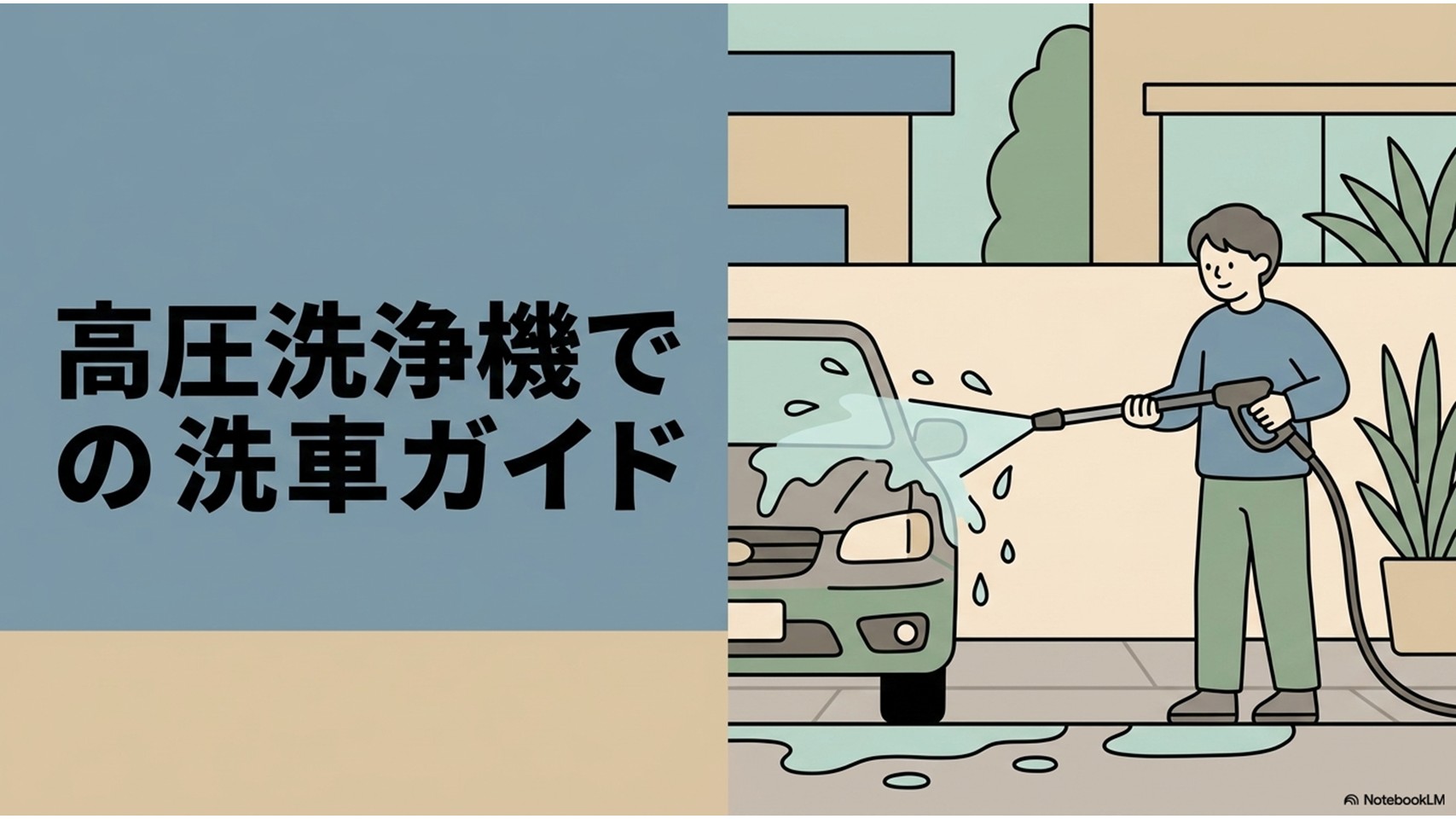 高圧洗浄機を使って車を洗う男性と、ボディに水を当てて汚れを落とす様子を示した洗車ガイドのアイキャッチ画像。