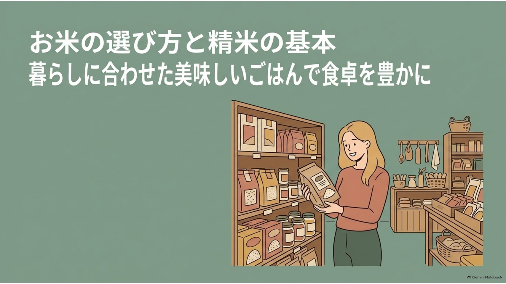 「お米の選び方と精米の基本」をテーマに、スーパーのお米売り場で商品を選ぶ女性を描いたスライド。玄米や分づき米、白米などから暮らしに合った精米を選び、おいしいごはんを楽しむという記事全体のテーマを表している。