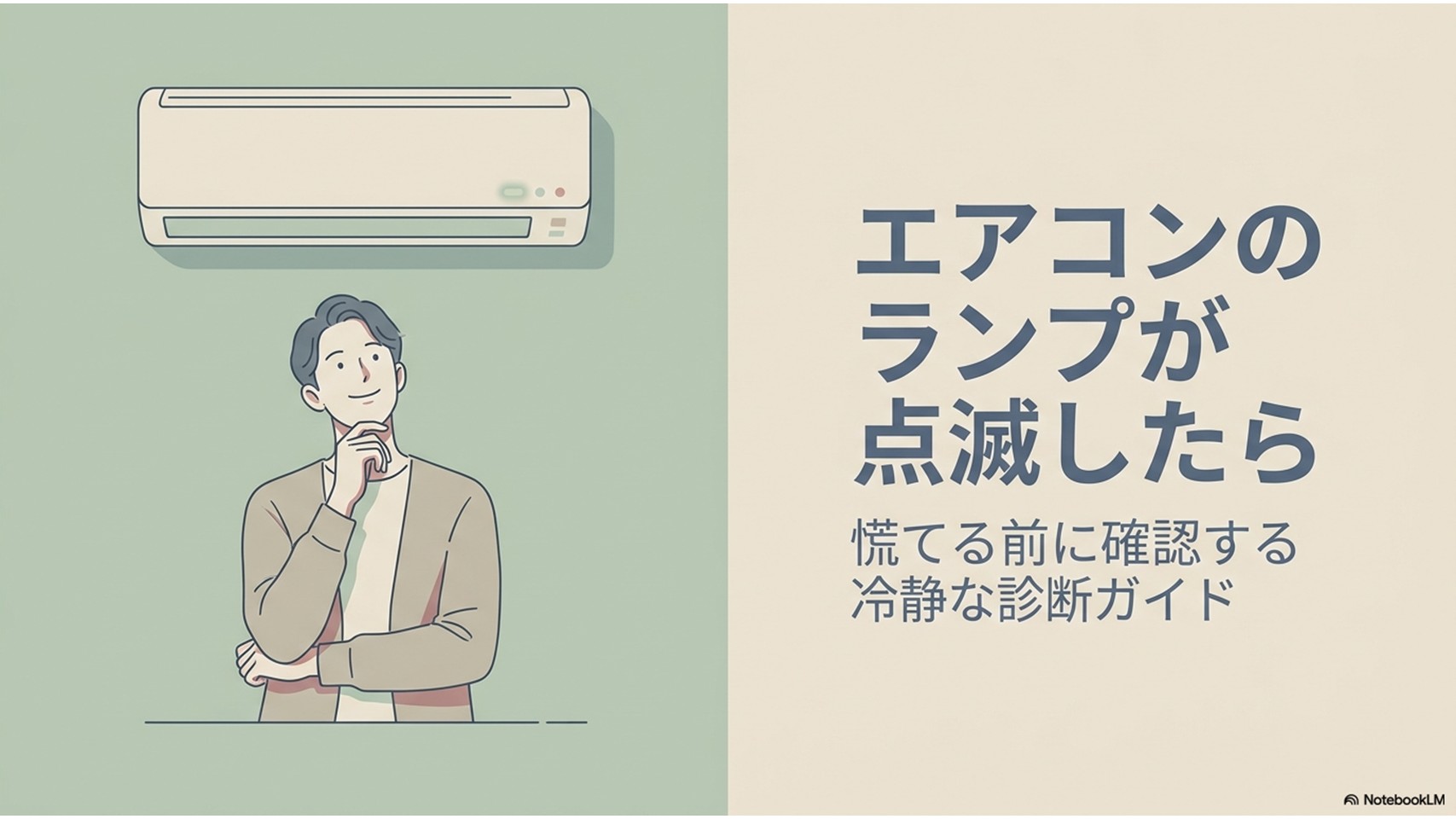エアコンのランプが点滅したときに、慌てず確認するための診断ガイドを示した表紙イラスト
