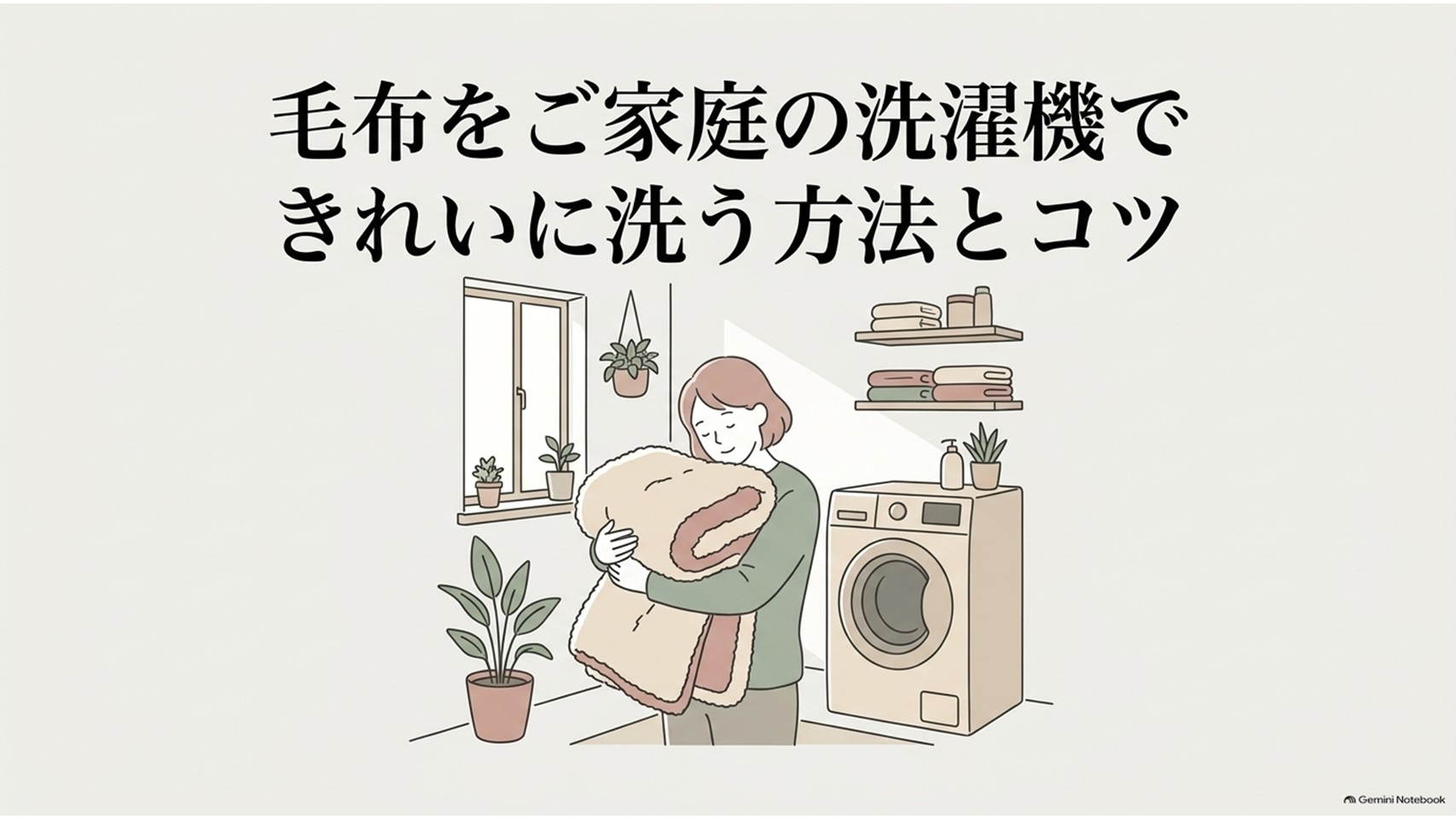 毛布を家庭の洗濯機できれいに洗う方法とコツを紹介するスライド。洗濯機のそばで緑色の毛布を抱える女性が描かれ、家庭で毛布を洗う記事全体のテーマをわかりやすく表している。