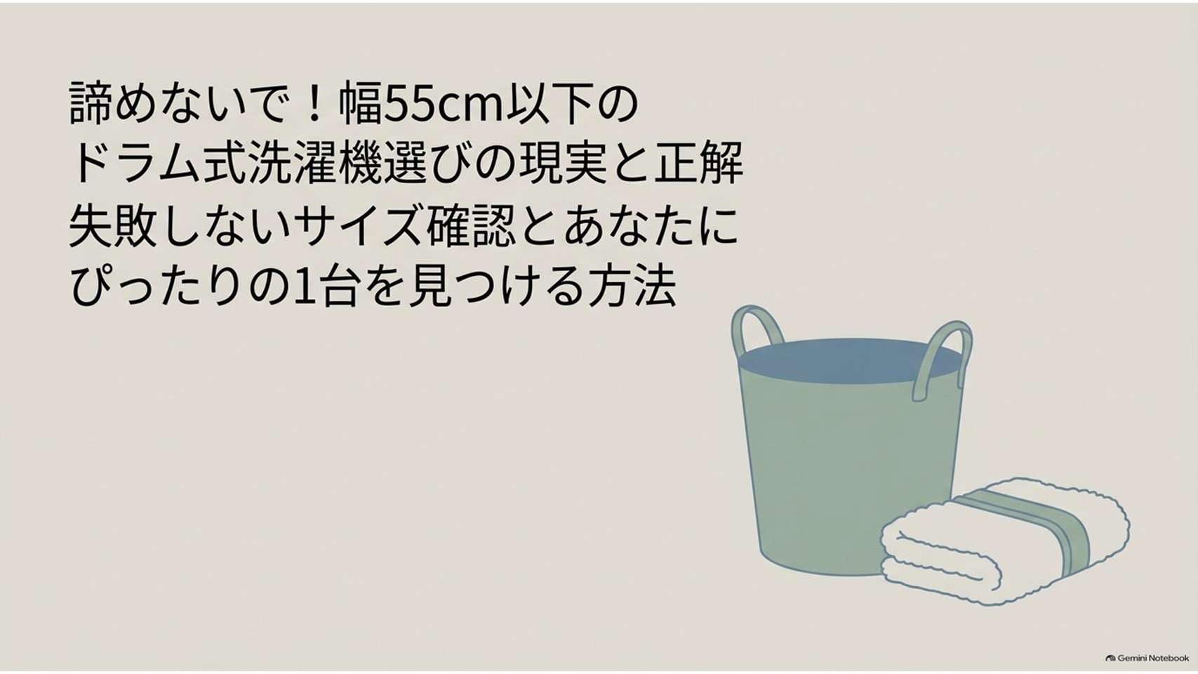 幅55cm以下の限られた洗濯機置き場でも諦めずにドラム式洗濯機を選ぶため、サイズ確認と自宅に合う機種の見つけ方を紹介する記事の導入スライド。ランドリーバスケットとタオルのイラストが描かれている。