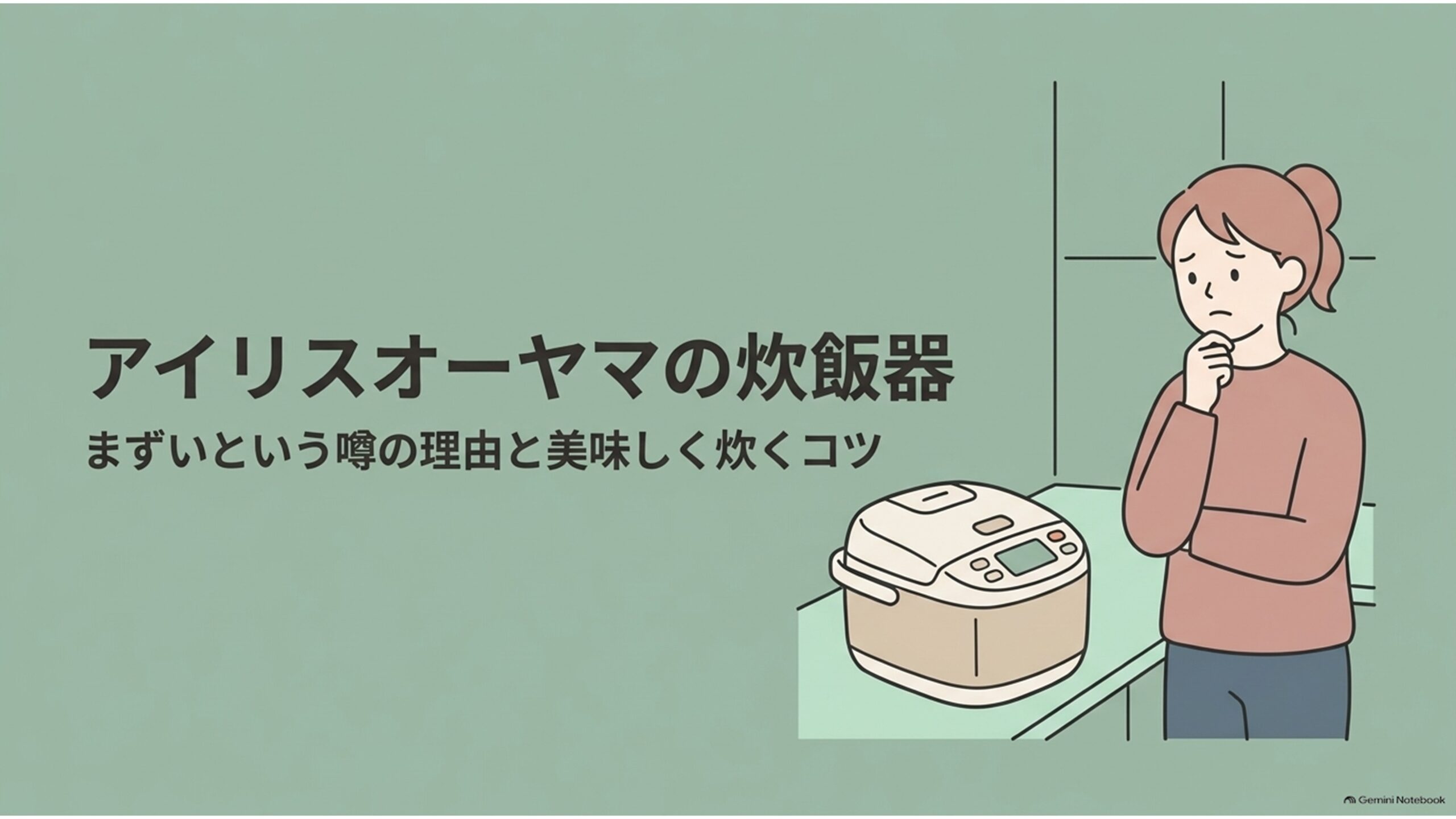 アイリスオーヤマの炊飯器がまずいと言われる理由と美味しく炊くコツを解説するスライド。キッチンに置かれた炊飯器の横で、炊き上がりの味や品質について不安そうに考える女性が描かれている。