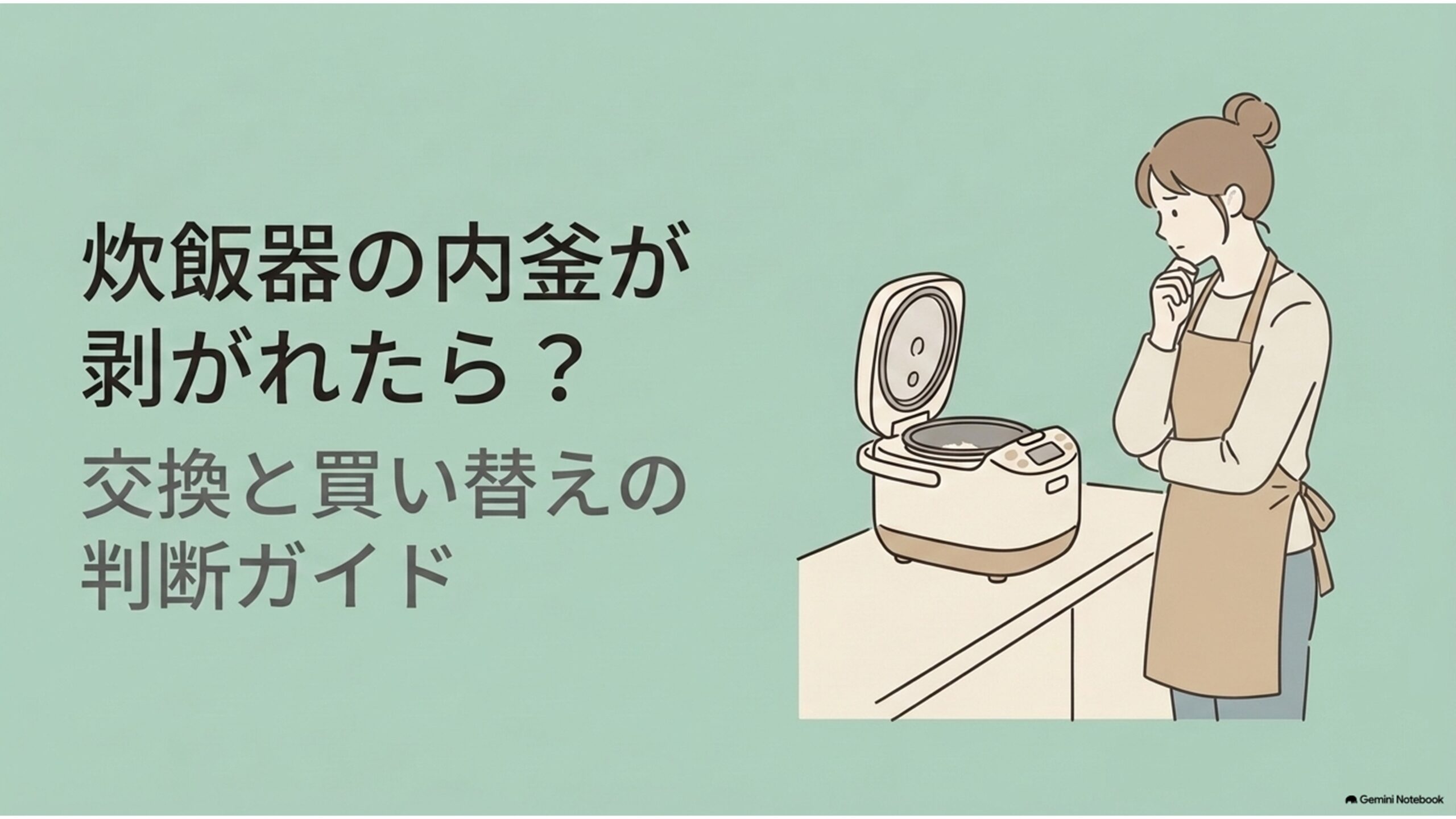 炊飯器の内釜のコーティングが剥がれたときに、内釜だけ交換するか本体ごと買い替えるかを解説するスライド。キッチンに置かれた炊飯器の内釜を見ながら、交換方法や費用について悩むエプロン姿の女性が描かれている。