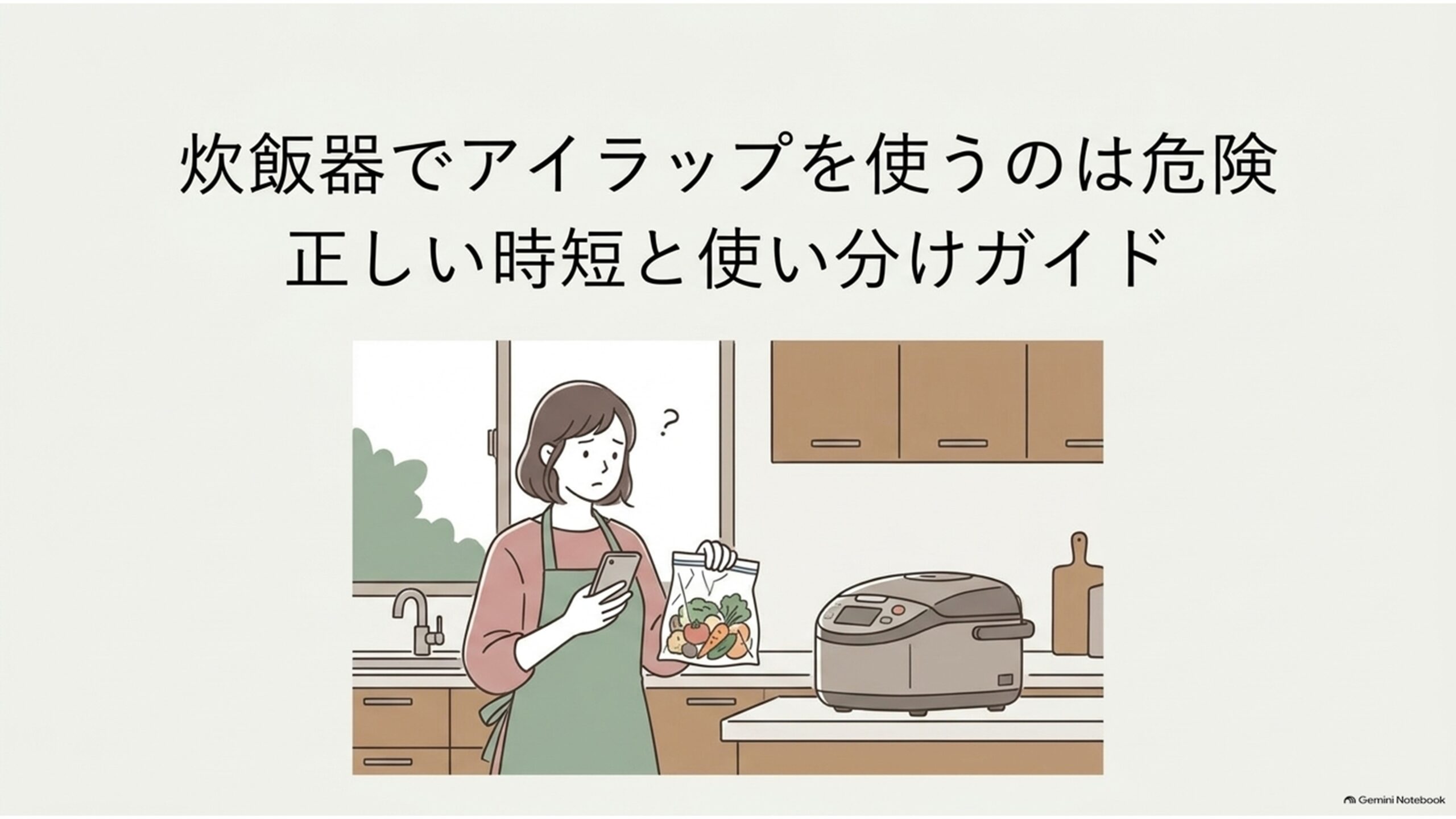 炊飯器でアイラップを使う危険性と正しい時短調理の使い分けを解説するスライド。キッチンで野菜の入ったポリ袋を持ち、スマートフォンを見ながら炊飯器で調理できるか悩んでいる女性が描かれている。炊飯器へのアイラップ使用が推奨されない理由と安全な代替方法を紹介する導入画像。