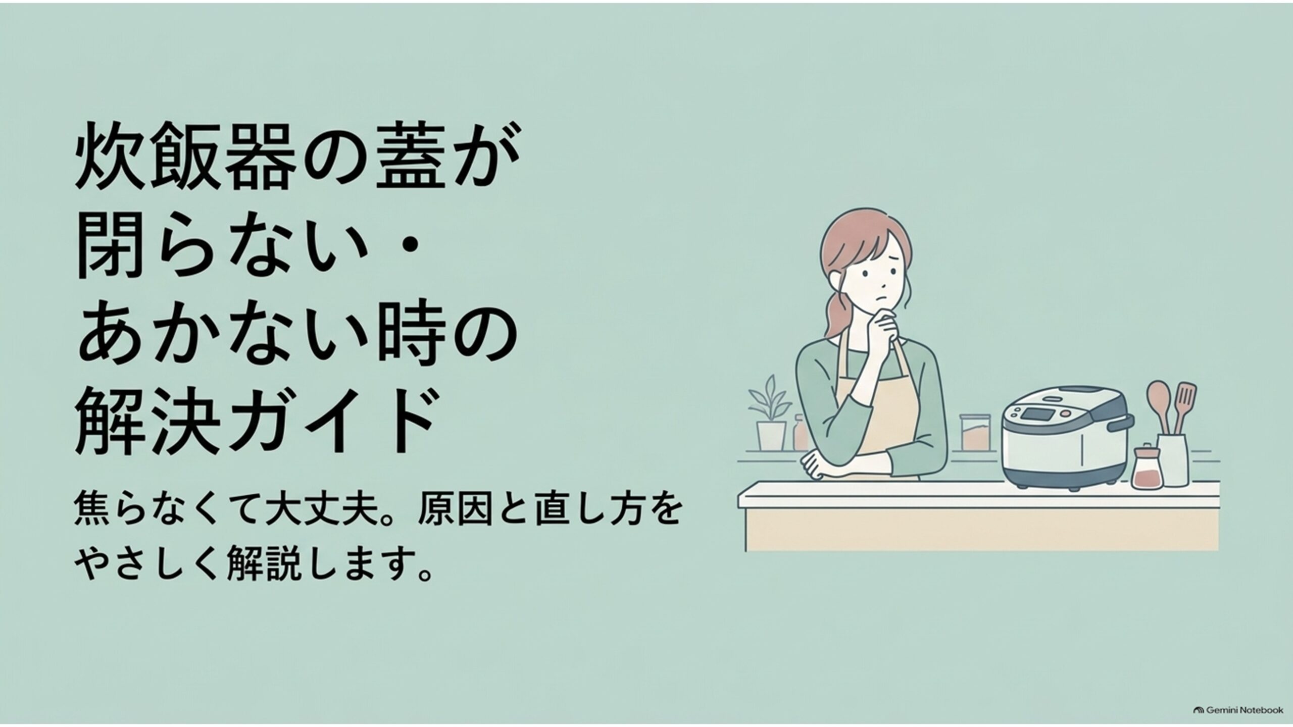 炊飯器の蓋が閉まらない・あかないときの原因と直し方を解説するタイトルスライド。キッチンカウンターに置かれた炊飯器のそばで、困った表情の女性が考えているイラストと、「焦らなくて大丈夫。原因と直し方をやさしく解説します」というメッセージが描かれている。