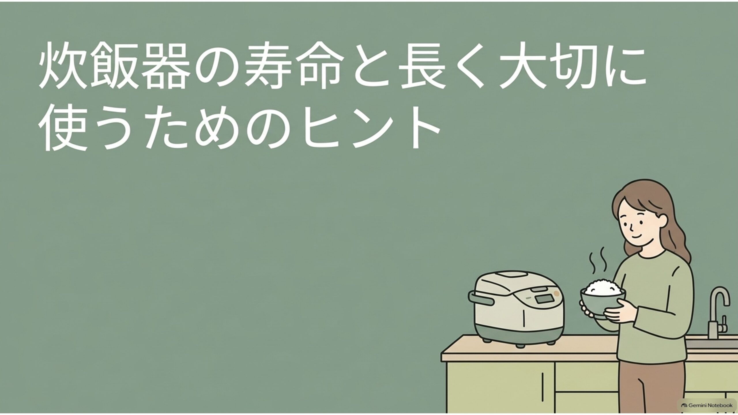 炊飯器の寿命と長く大切に使うためのポイントを紹介するタイトルスライド。落ち着いた緑色の背景に、キッチンのカウンターに置かれた炊飯器と、炊きたてのご飯を茶碗に盛って持つ女性が描かれている。壊れやすい炊飯器を避けるためのメーカー選び、内釜の保証期間、修理部品の保有期間、日常のお手入れについて解説する記事の導入画像。