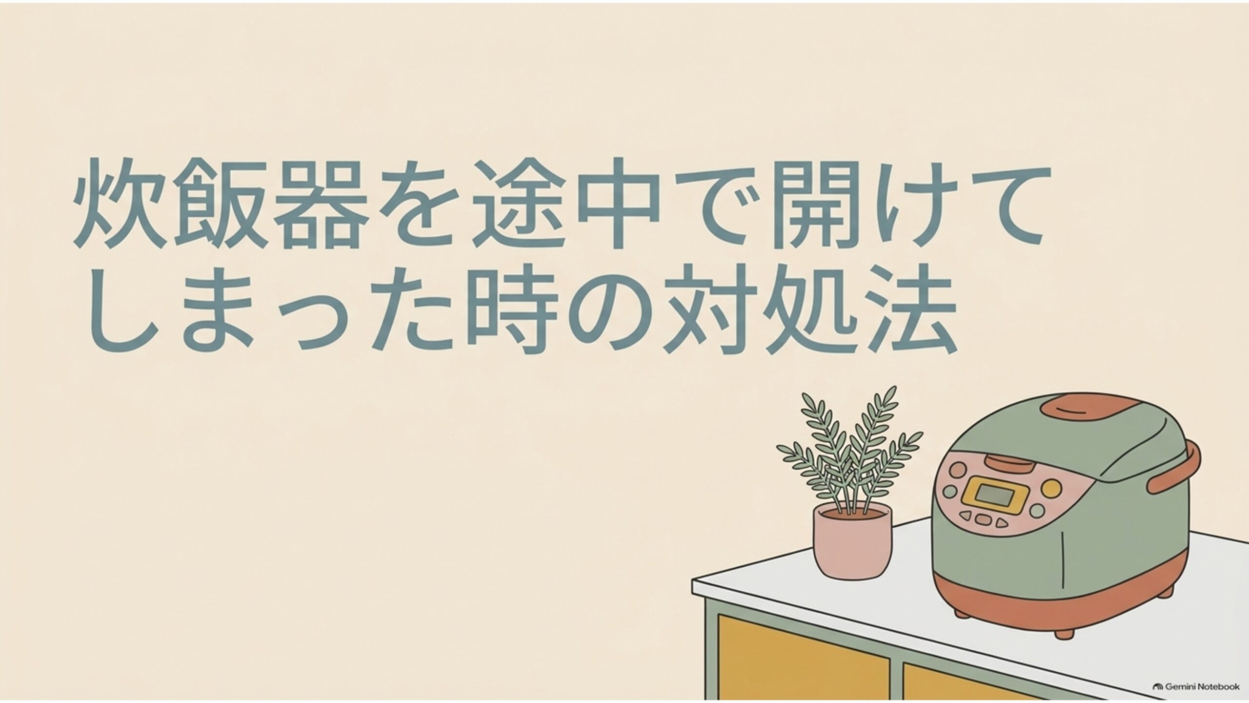 炊飯器を途中で開けてしまったときの対処法を示すスライド。キッチンカウンター上の炊飯器と観葉植物が描かれている。