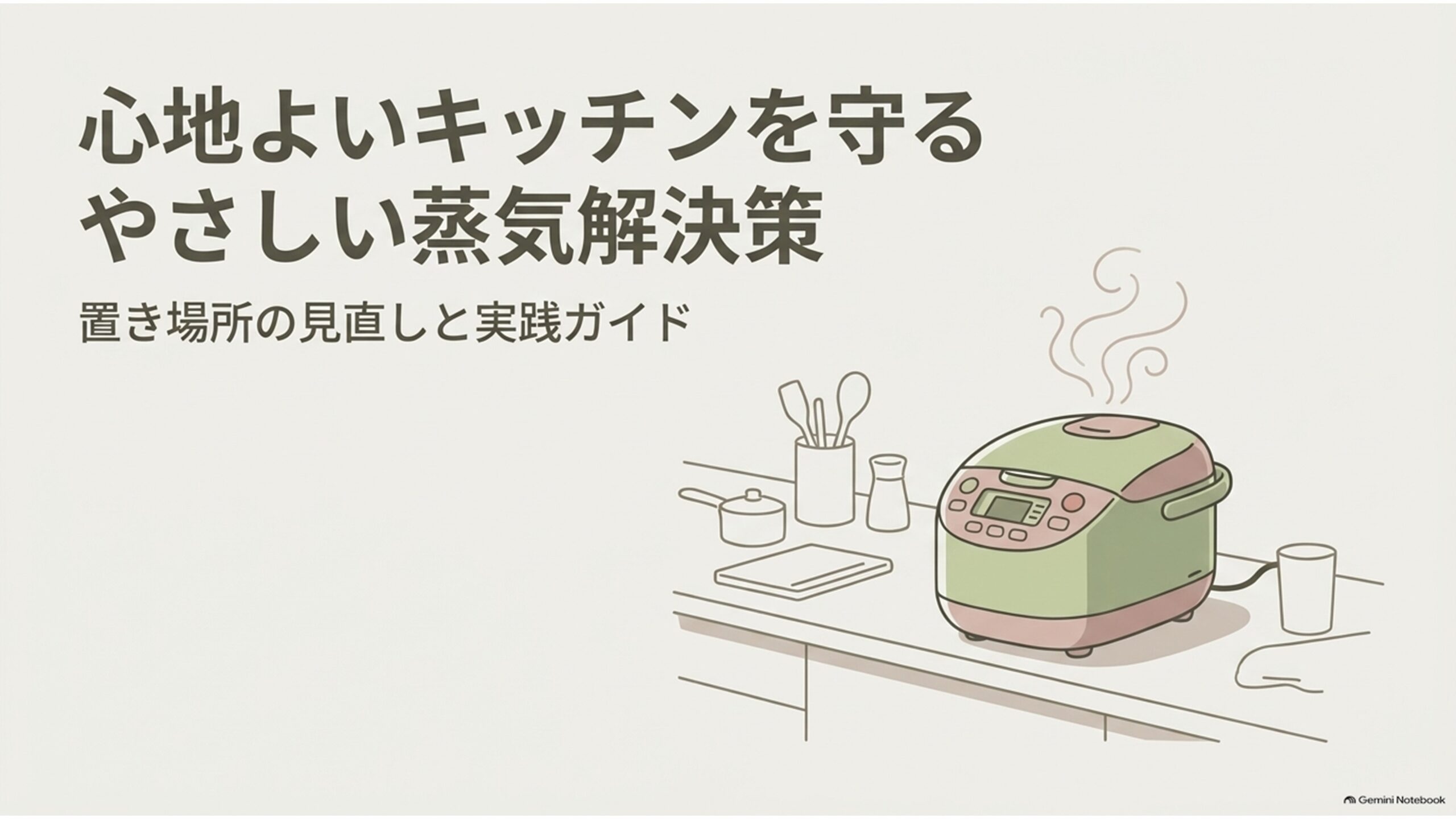 炊飯器から出る蒸気による家具や壁紙の傷みを防ぐための置き場所見直しと実践対策を示した導入スライド。