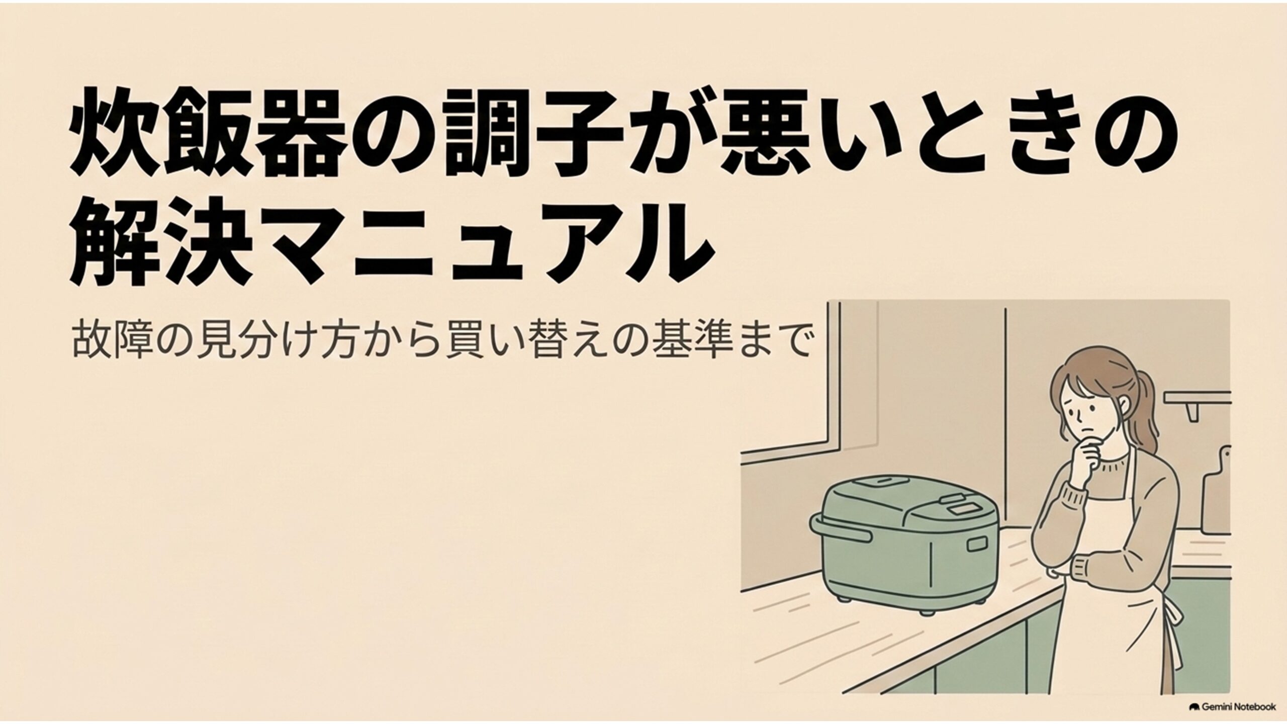 炊飯器の調子が悪く故障か迷っている女性と炊飯器を描いた、故障の見分け方から買い替え基準までを示す解説画像。