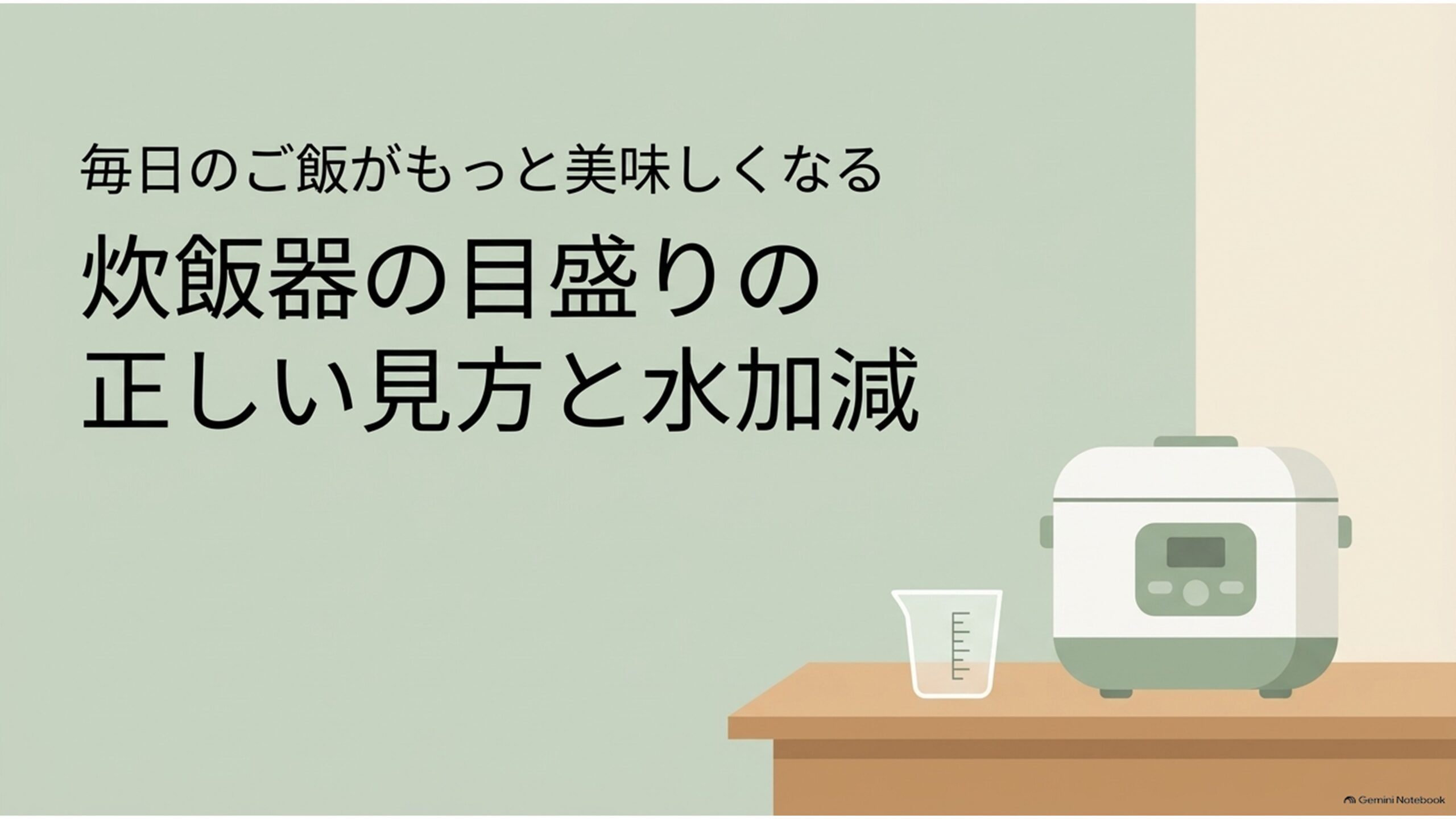 炊飯器の目盛りの正しい見方と水加減を解説するタイトルスライド。淡いグリーンを基調とした背景に、炊飯器と計量カップのイラストを配置し、毎日のご飯をおいしく炊くための基本を紹介している。