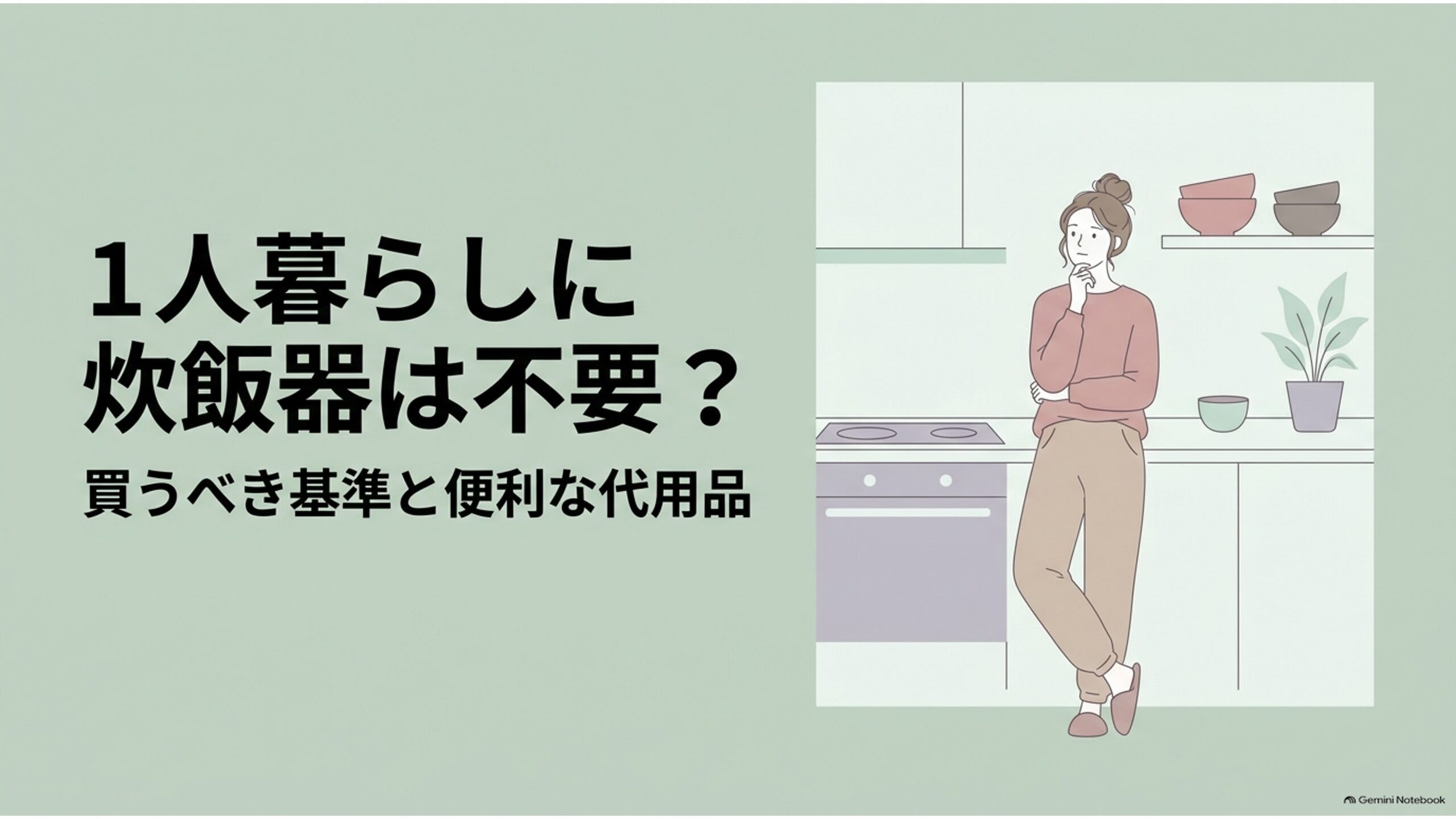 一人暮らしに炊飯器は必要なのかを解説する記事の導入スライド。コンパクトなキッチンで炊飯器の購入を迷う女性のイラストと、「1人暮らしに炊飯器は不要？買うべき基準と便利な代用品」というタイトルが描かれている。お米を食べる頻度や食費、キッチンの広さ、電子レンジ炊飯などの代替手段を比較して、炊飯器の必要性を判断する内容を紹介している。
