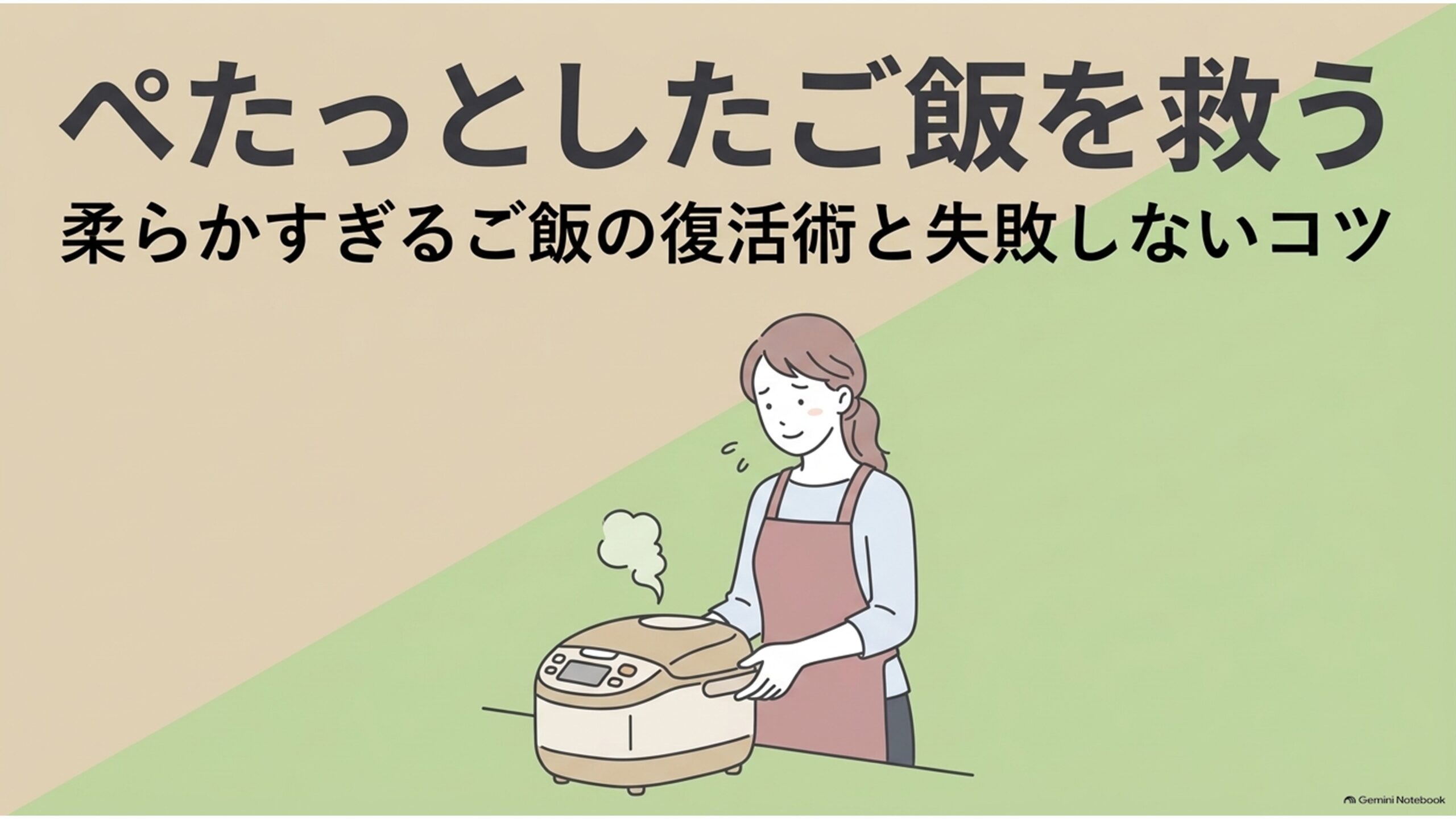 少し柔らかいご飯、全体がべちゃっとしたご飯、水が残るほどゆるいご飯の状態別に、適した対処法を示したスライド。