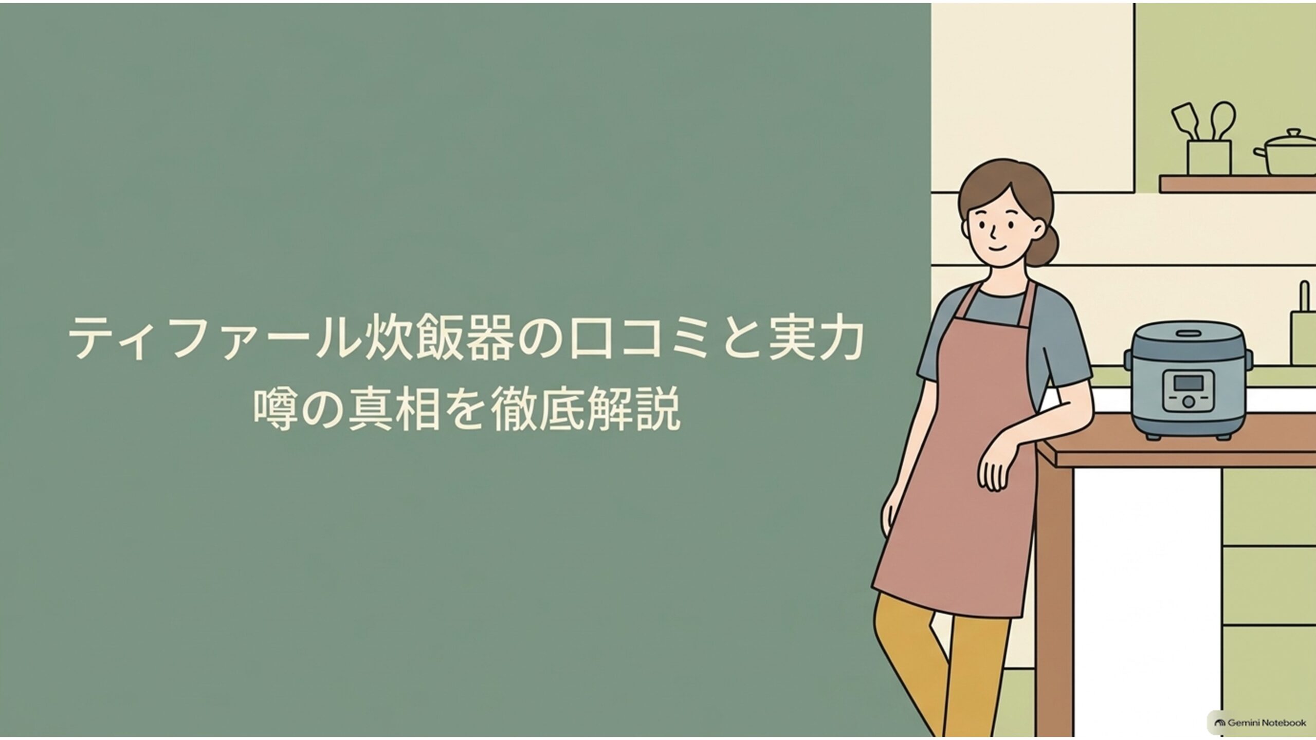 ティファールの炊飯器の口コミや評判を解説する導入スライド。落ち着いたグリーンの背景に「ティファール炊飯器の口コミと実力 噂の真相を徹底解説」というタイトルがあり、キッチンに置かれた炊飯器とエプロン姿の女性が描かれている。ごはんの食感や使い勝手に関する良い口コミと悪い口コミを比較する記事の概要を表している。