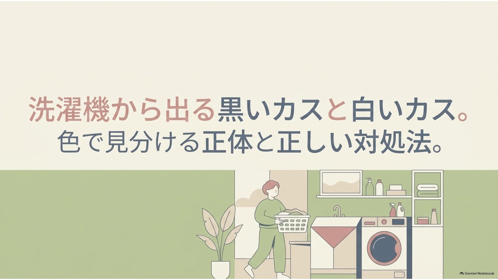 洗濯機から出る黒いカスと白いカスについて、色で正体を見分けて正しく対処する方法を解説するスライド。洗濯機のあるランドリールームと洗濯物を持つ人物が描かれている。