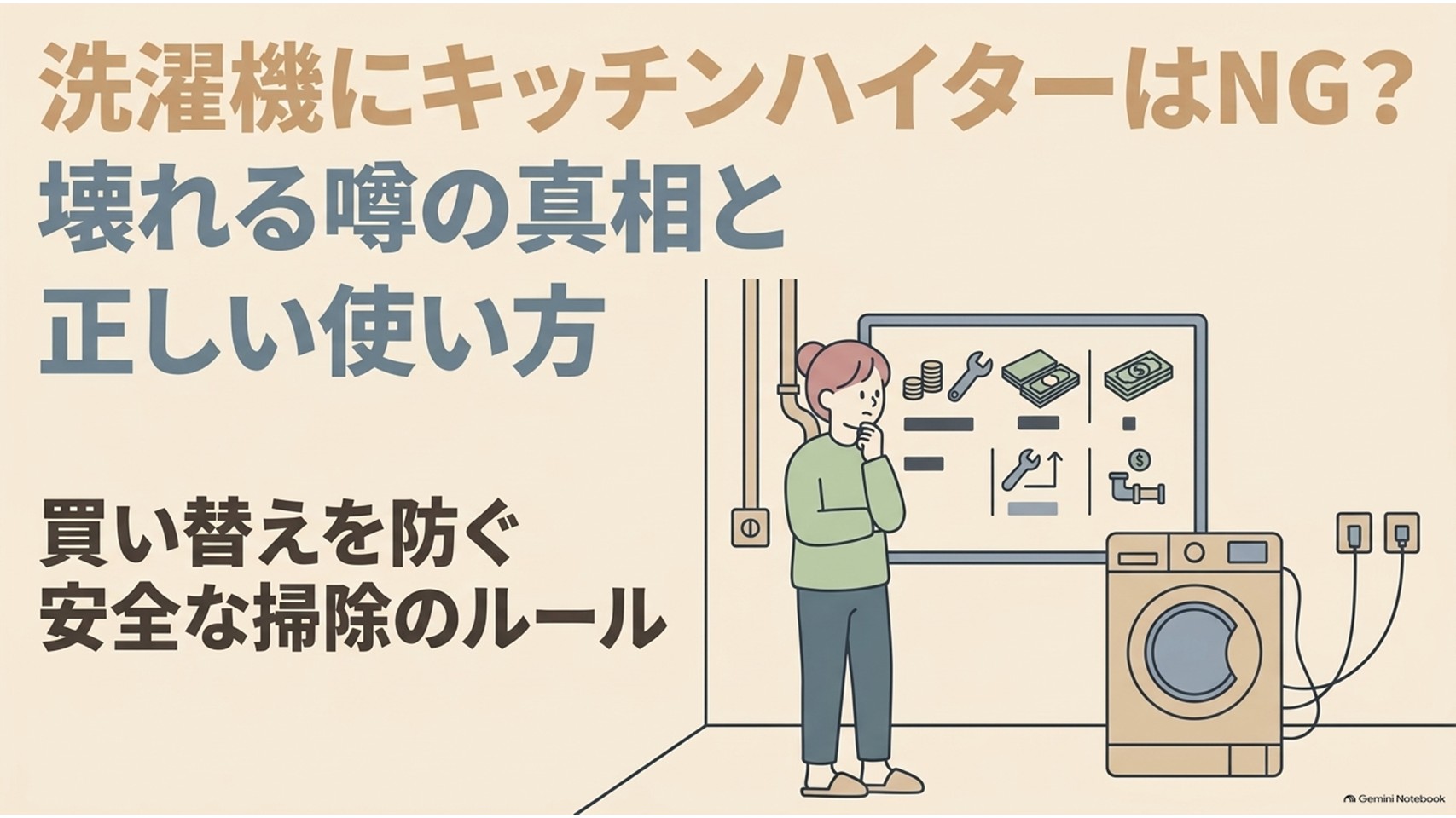 洗濯機にキッチンハイターを使ってもよいのかをテーマに、洗濯機の故障を防ぐための安全な掃除方法と正しい使い方を解説するスライド。洗濯機の前で故障や修理費を心配する人物が描かれている。