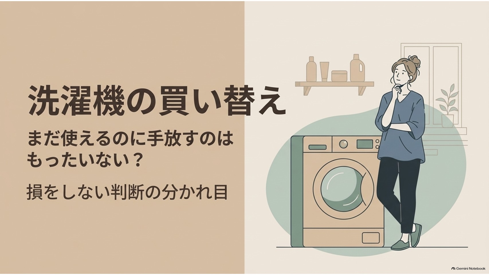 「洗濯機の買い替え」をテーマに、まだ使える洗濯機を手放すのはもったいないのか、損をしない判断の分かれ目を紹介するスライド。洗濯機の横で買い替えを考える女性が描かれている。