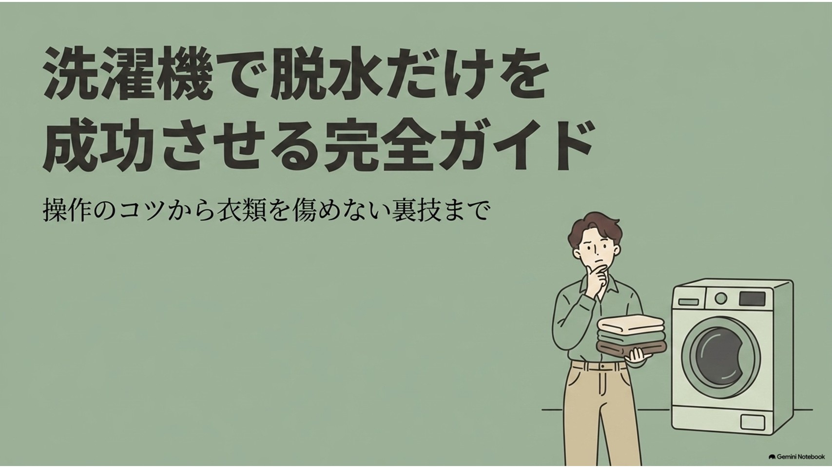 洗濯機で脱水だけを行う方法を解説する完全ガイドのスライド。洗濯物を抱えて操作に迷う男性とドラム式洗濯機が描かれ、操作のコツから衣類を傷めない方法まで紹介している。