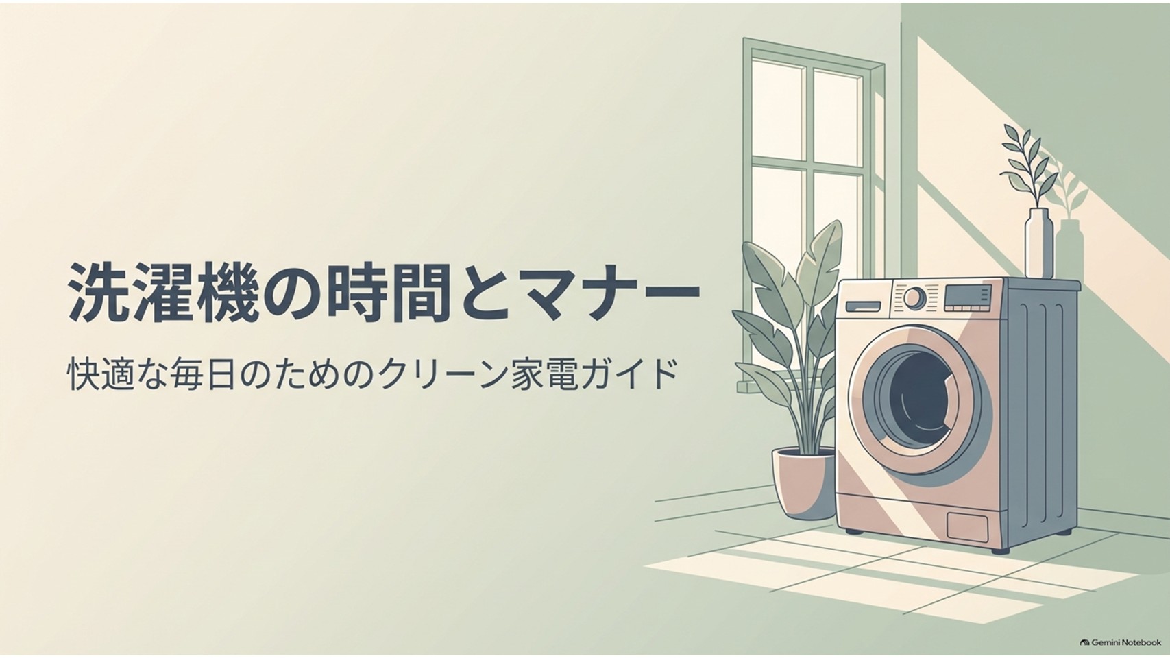 洗濯機の時間帯と近隣マナーを解説するアイキャッチ画像。明るい室内に洗濯機が置かれ、快適な毎日のための洗濯ルールを表している。