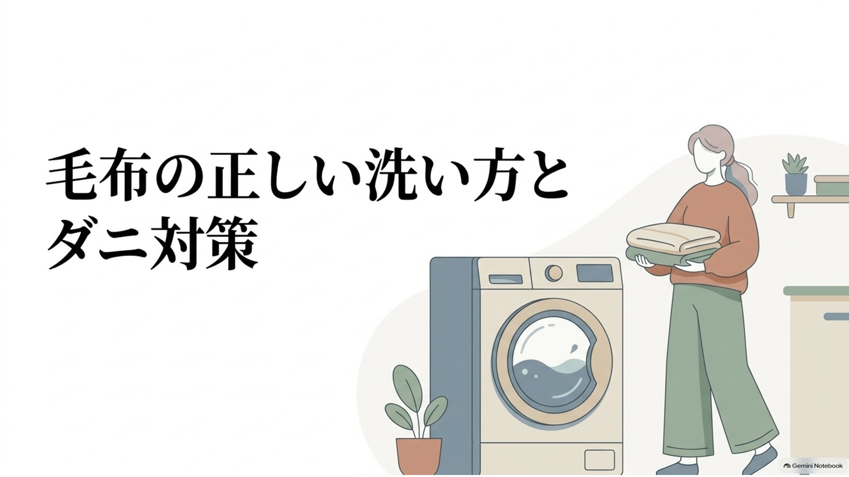洗濯機の横で毛布を持つ女性と「毛布の正しい洗い方とダニ対策」という文字が描かれたアイキャッチ画像。