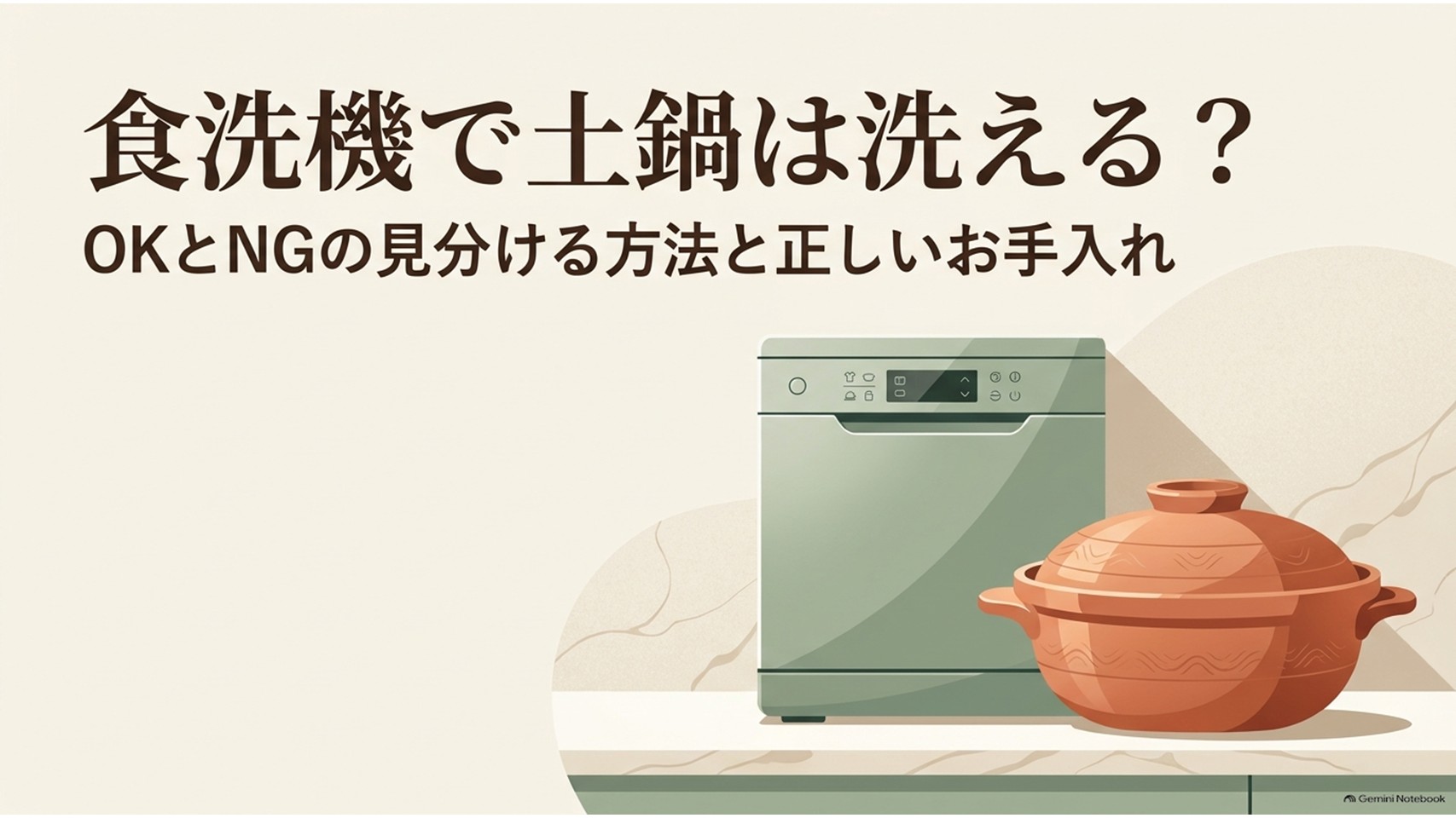 食洗機と土鍋を並べ、「食洗機で土鍋は洗える？OKとNGの見分ける方法と正しいお手入れ」と示したスライド。土鍋を食洗機で洗えるか判断する記事全体のテーマを視覚的に伝えている。