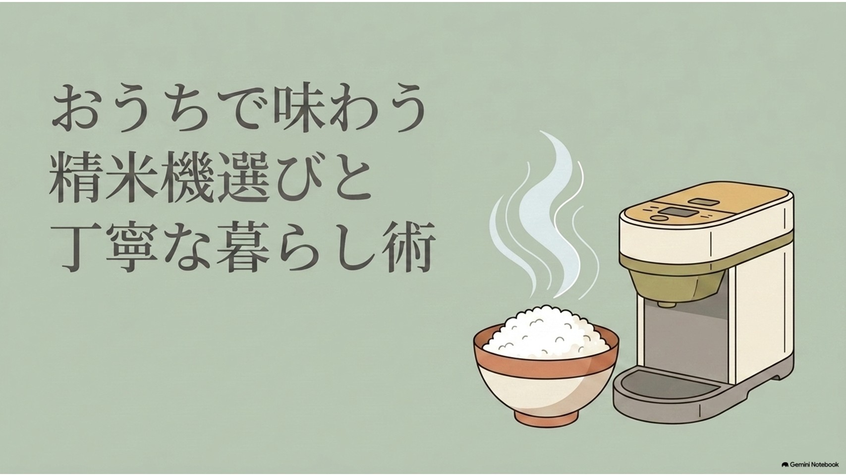 炊きたての白いご飯と家庭用精米機を描き、「おうちで味わう 精米機選びと丁寧な暮らし術」と紹介するスライド。家庭用精米機の選び方や精米したてのご飯を楽しむ暮らしをイメージしている。