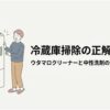 冷蔵庫の横に立つ人物とウタマロクリーナーをイメージしたボトルを描き、「冷蔵庫掃除の正解ルート」「ウタマロクリーナーと中性洗剤の安全な使い方」という記事全体のテーマを示したスライド。冷蔵庫掃除で洗剤を安全に使うための基本を解説する導入画像。