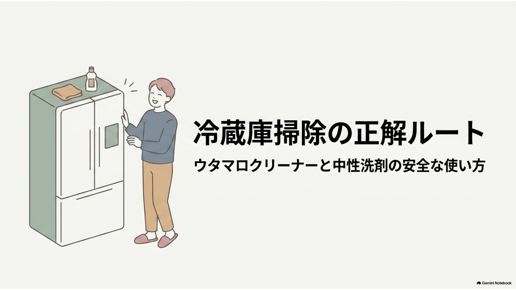 冷蔵庫の横に立つ人物とウタマロクリーナーをイメージしたボトルを描き、「冷蔵庫掃除の正解ルート」「ウタマロクリーナーと中性洗剤の安全な使い方」という記事全体のテーマを示したスライド。冷蔵庫掃除で洗剤を安全に使うための基本を解説する導入画像。