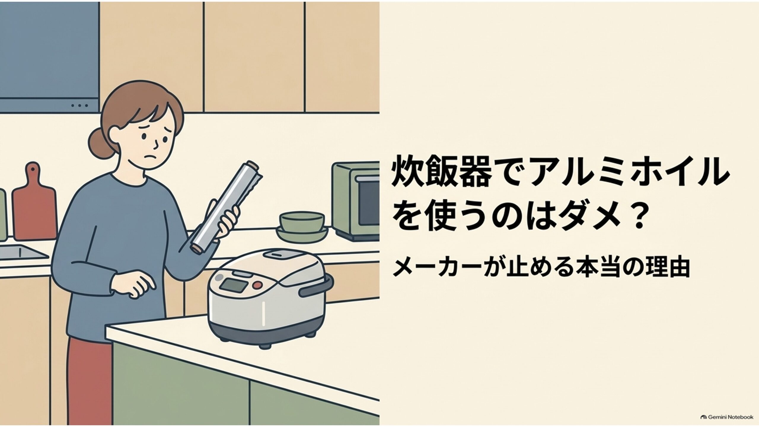 炊飯器でアルミホイルを使ってもよいのか悩む女性のイラスト。キッチンに置かれた炊飯器の横でアルミホイルを手に持ち、安全性を心配する様子が描かれている。「炊飯器でアルミホイルを使うのはダメ？メーカーが止める本当の理由」というテーマを示すスライド。