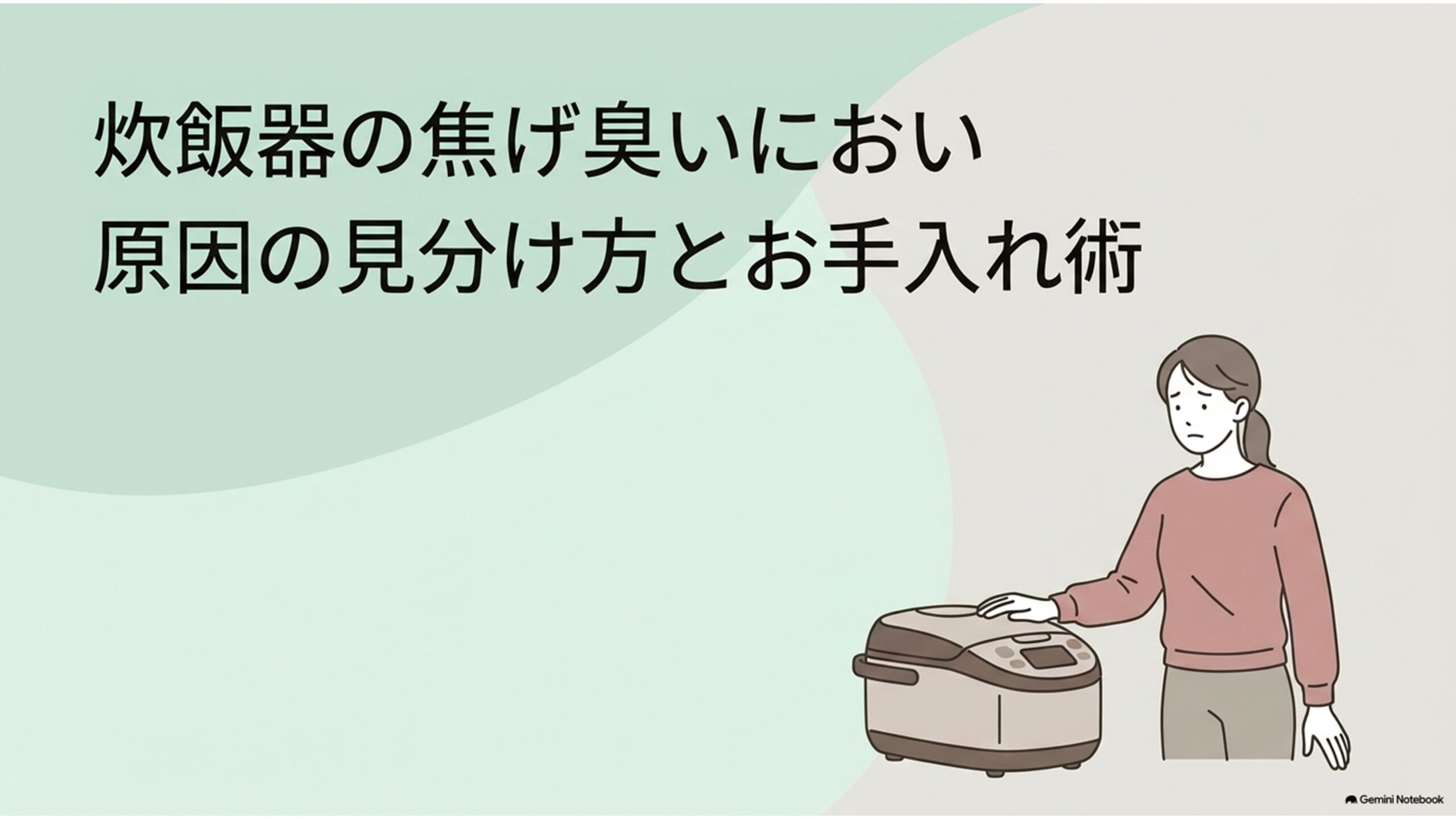 炊飯器の焦げ臭いにおいの原因とお手入れ方法を紹介するタイトルスライド。炊飯器の横に立ち、焦げ臭さを心配そうに確認する女性のイラストと「炊飯器の焦げ臭いにおい 原因の見分け方とお手入れ術」という見出しが描かれている。
