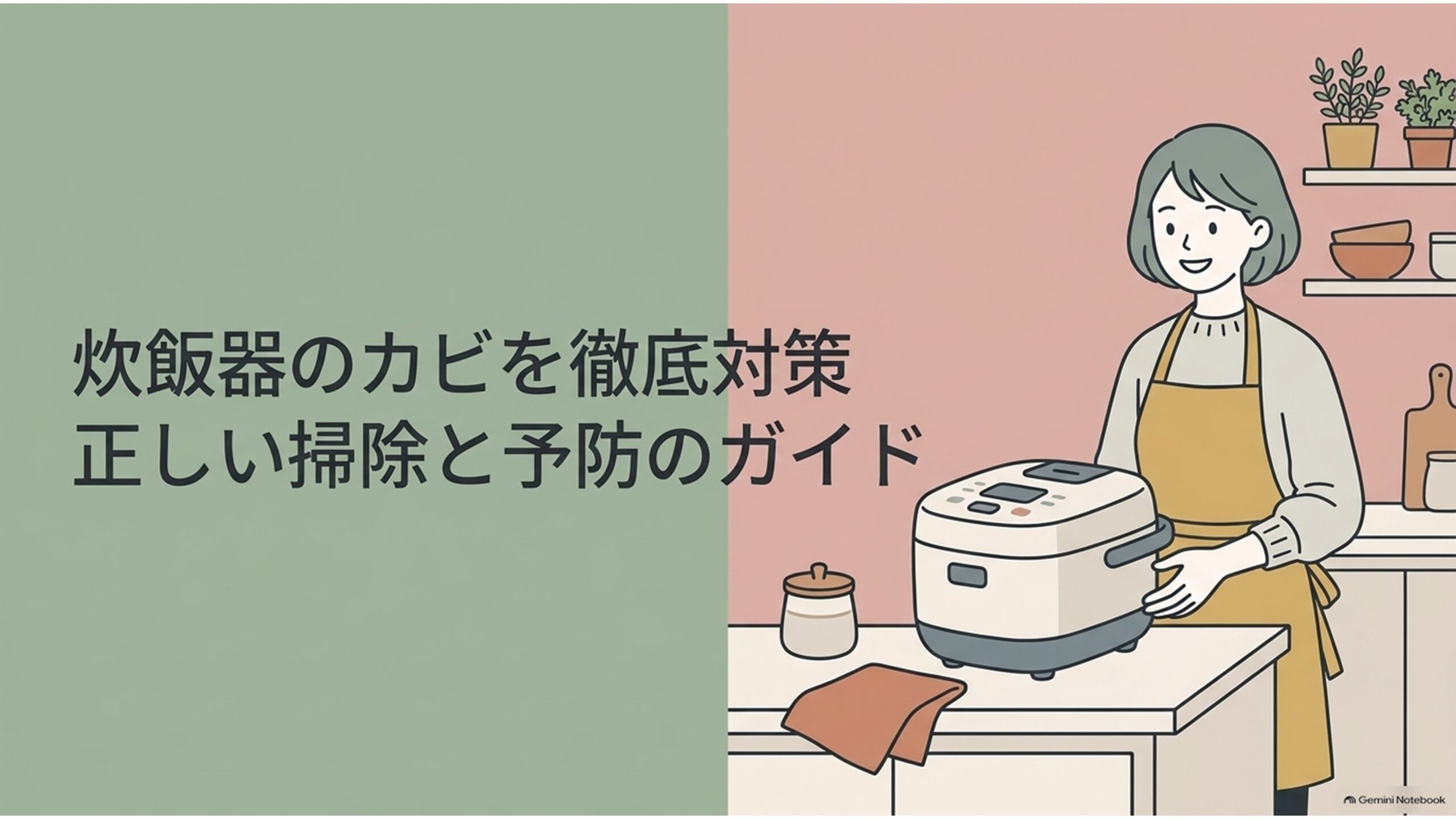 炊飯器のカビを徹底対策するための掃除と予防方法を紹介するタイトル画像。キッチンでエプロン姿の女性が炊飯器に手を添えているイラストとともに、内釜や内ぶた、パッキンのカビを防ぐための正しいお手入れ方法を解説する内容が示されている。