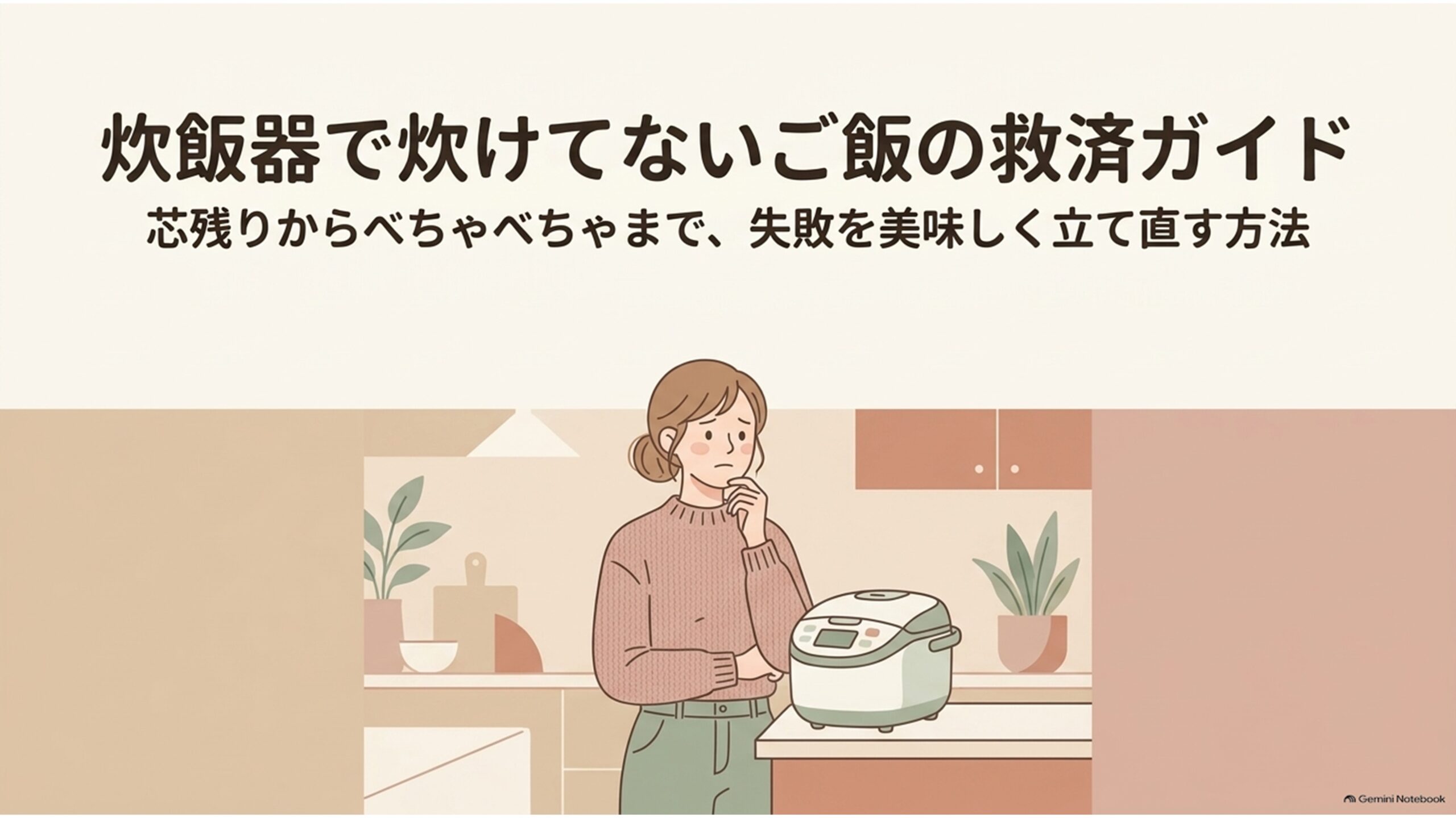 炊飯器で炊けてないご飯を美味しく立て直す方法を紹介するタイトルスライド。キッチンで炊飯器を前に困った表情を浮かべる女性のイラストと、「炊飯器で炊けてないご飯の救済ガイド」「芯残りからべちゃべちゃまで、失敗を美味しく立て直す方法」という文字が描かれている。