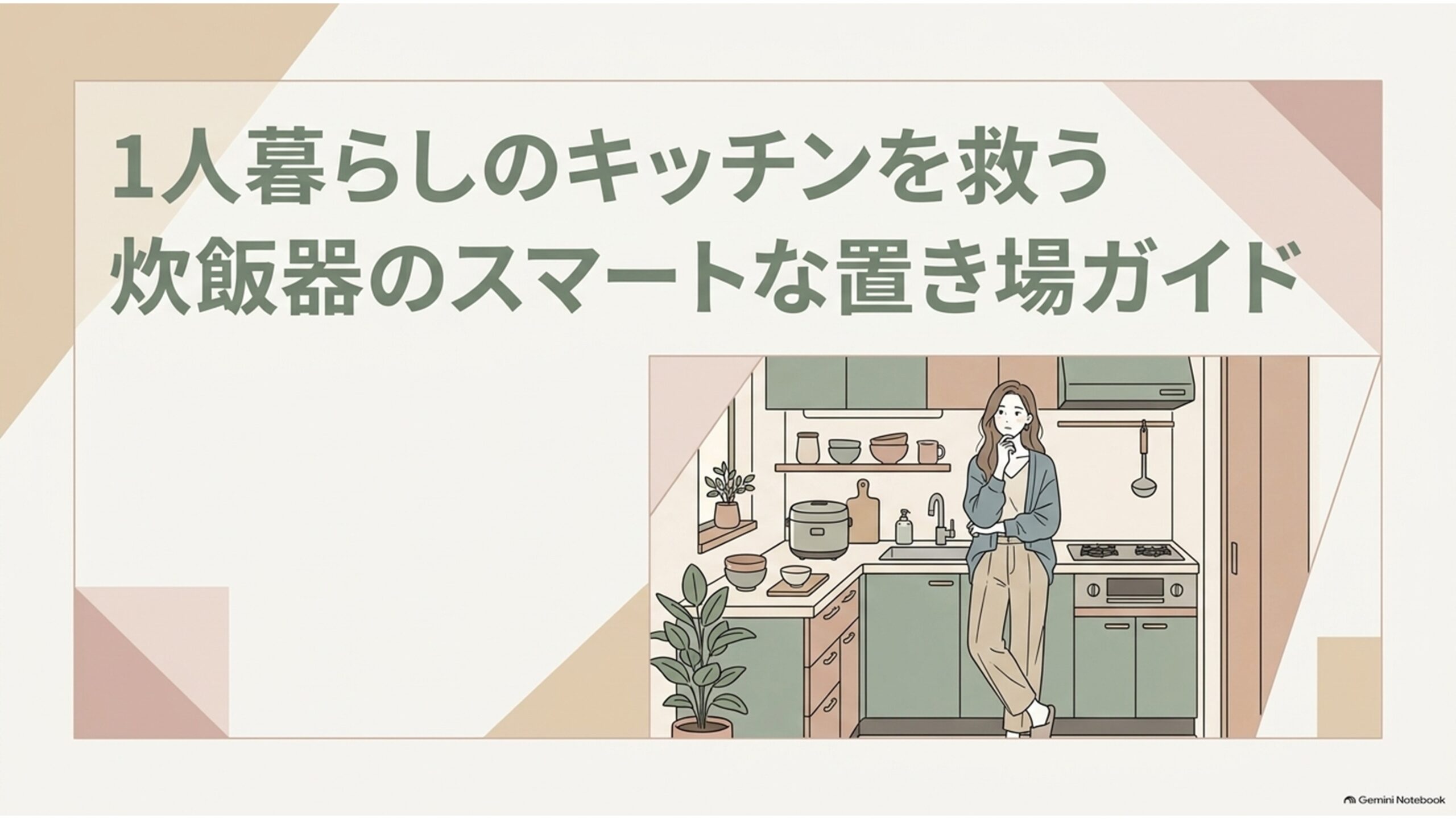 一人暮らしの狭いキッチンで炊飯器の置き場所に悩む女性を描いたタイトルスライド。コンパクトなキッチンに炊飯器や調理器具が並び、「1人暮らしのキッチンを救う 炊飯器のスマートな置き場ガイド」というタイトルが表示されている。安全性と使いやすさを両立する炊飯器の収納方法を紹介する画像。