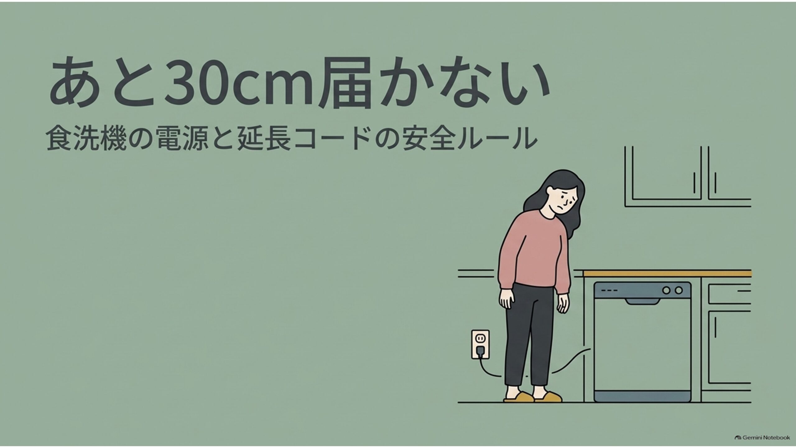 「あと30cm届かない」という見出しと、食洗機の電源コードが壁のコンセントまで届かず困っている女性を描いたイラスト。食洗機に延長コードを使用する際の危険性や、安全な電源接続方法を解説する記事の導入スライド。
