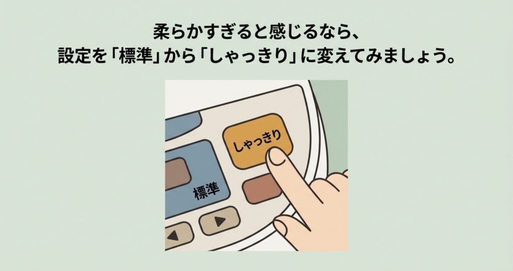 炊飯器の操作パネルで、ご飯が柔らかすぎると感じる場合の対策として、設定を「標準」から「しゃっきり」モードに変更するためにボタンを押している指のイラスト。