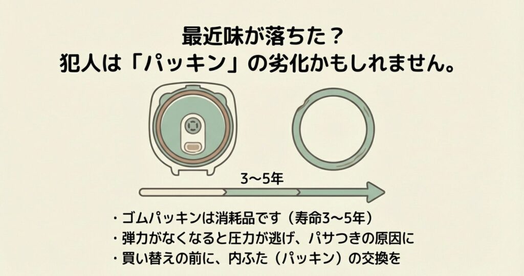 炊飯器のゴムパッキンは3〜5年で劣化し、圧力が逃げて味が落ちる原因になるため交換が必要であることを示す図