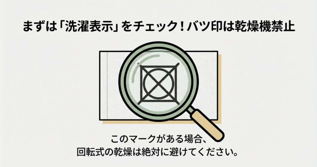 こたつ布団の洗濯表示タグを虫眼鏡で確認しているイラスト。乾燥機禁止のバツ印マークに焦点を当てている