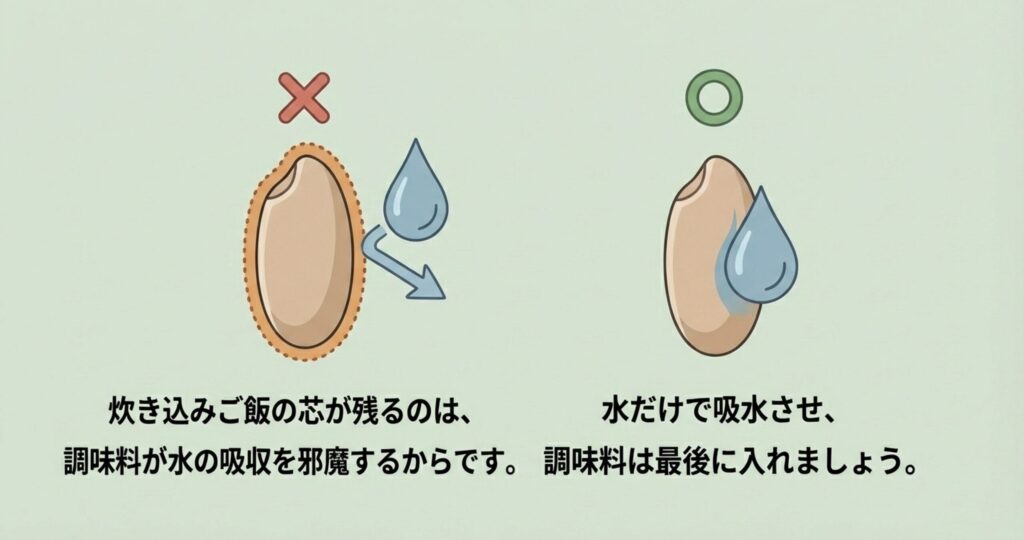 炊き込みご飯を作る際、最初から調味料を入れると水の吸収が阻害される様子を示す図解。水だけで吸水させてから調味料を入れる手順の重要性を説明。