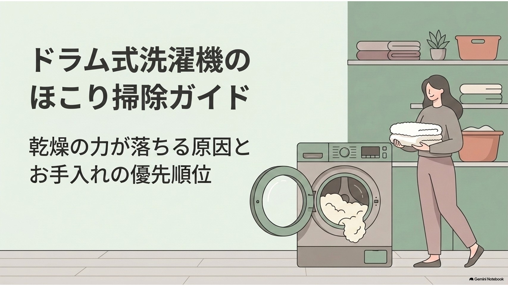 パナソニックのドラム式洗濯機で乾燥の力が落ちたときに確認したい、ほこり掃除とお手入れの優先順位を紹介するガイド。ドラム式洗濯乾燥機の横で洗濯物を持つ女性が描かれている。