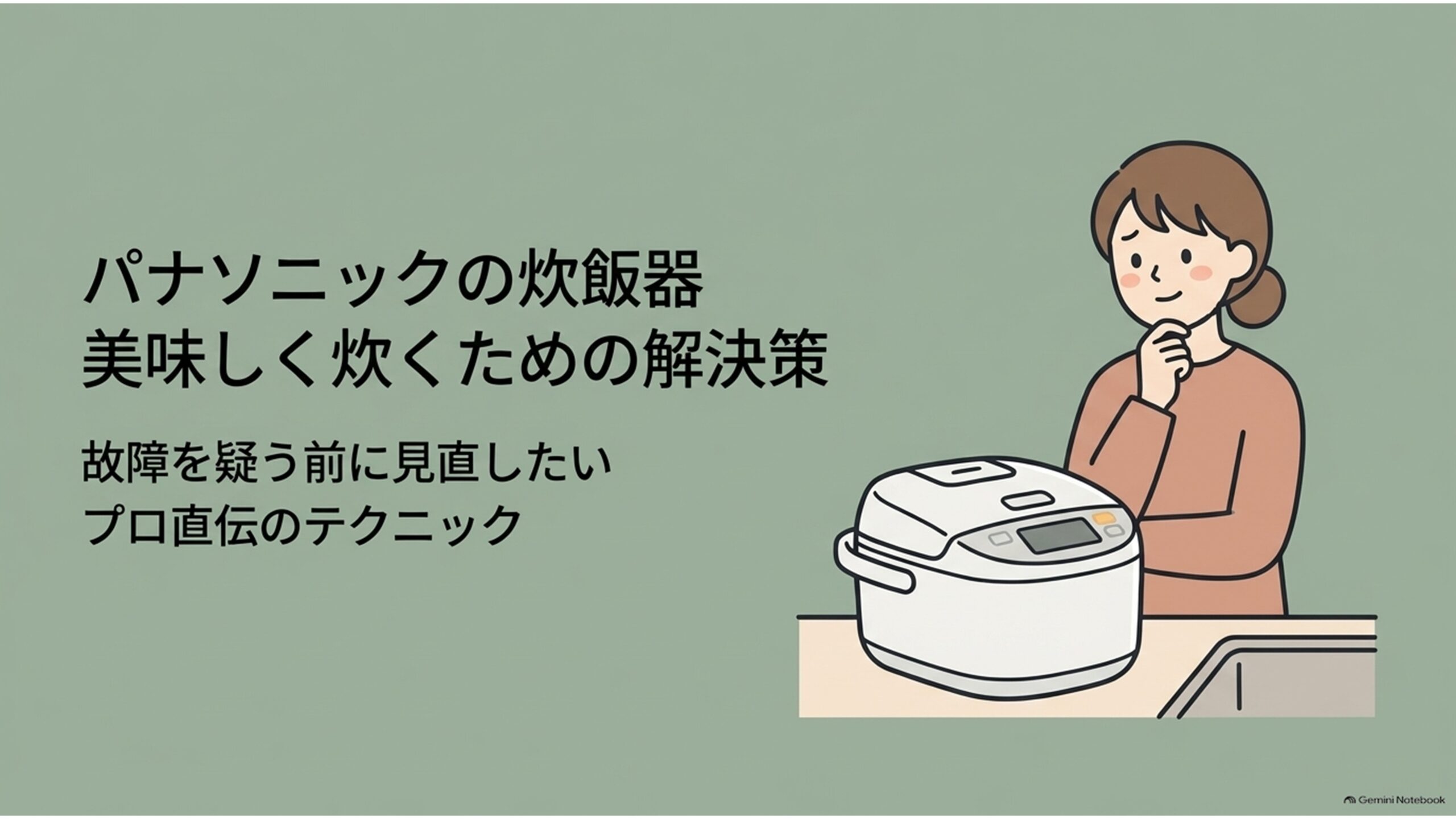 パナソニックの炊飯器でご飯が美味しくないと感じたときの原因と改善策を紹介するスライド。キッチンに置かれた炊飯器を前に考える女性が描かれ、水加減や炊飯設定、お手入れを見直すことで美味しいご飯を目指す内容を示している。