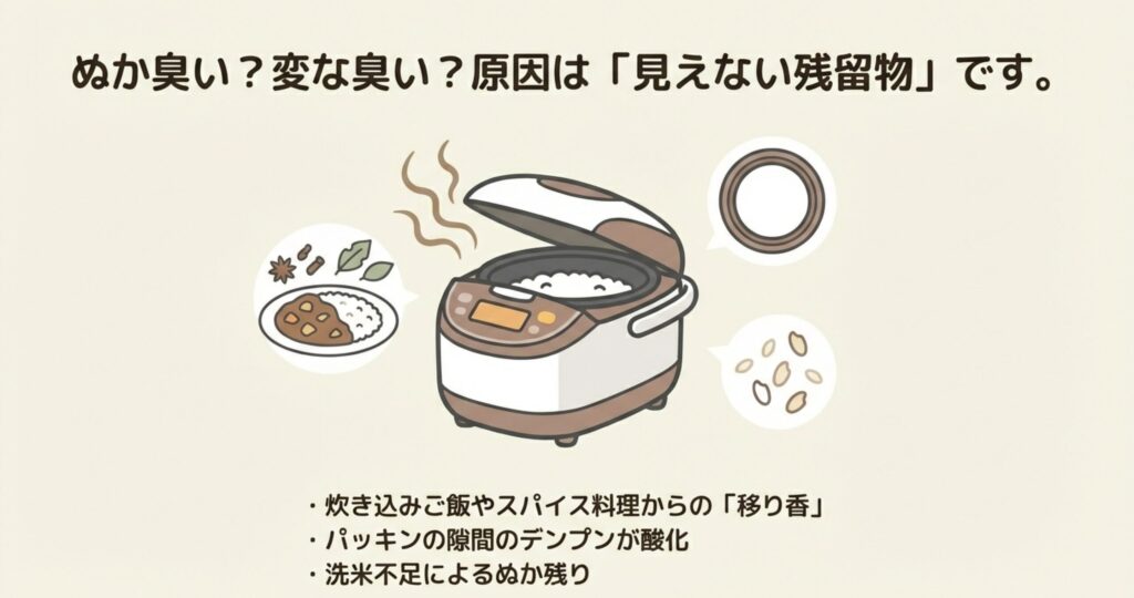 炊飯器の臭いの原因となる、スパイス料理の移り香、パッキンのデンプン汚れ、洗米不足によるぬか残りの解説図