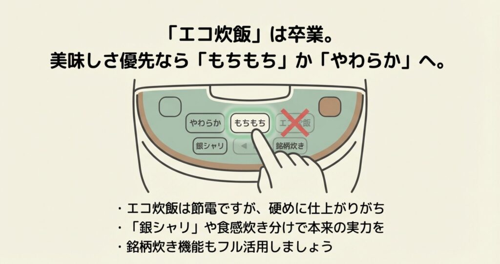 エコ炊飯は硬くなりやすいため避け、銀シャリ、もちもち、やわらかモードへの設定変更を推奨する操作パネルの図