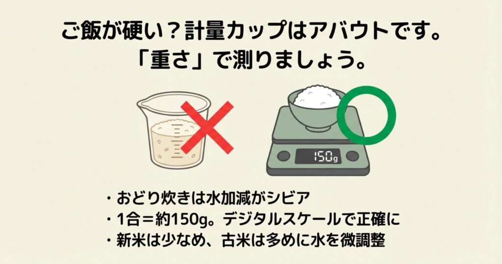 計量カップでの計量は誤差が出やすいためNGとし、デジタルスケールで1合150gを正確に測ることを推奨するイラスト