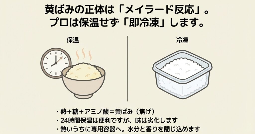 ご飯の黄ばみの原因であるメイラード反応の仕組みと、保温せずに即冷凍することをおすすめするイラスト