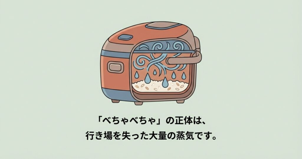 炊飯器内部に行き場を失った大量の蒸気が充満し、それが水滴となってご飯に降り注ぎ、べちゃつきの原因になっている様子を図解したイラスト。