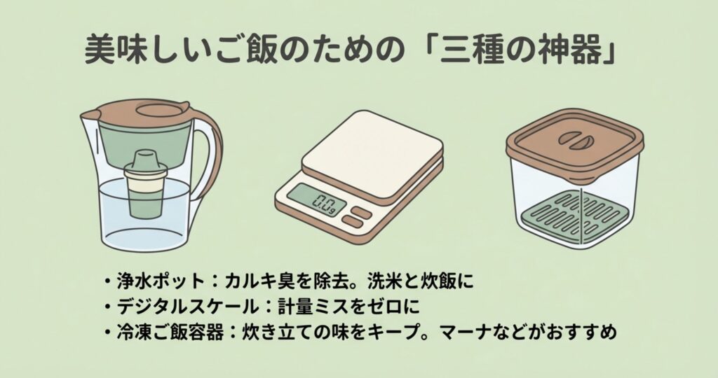 ご飯を美味しくするために必要な、浄水ポット、デジタルスケール、冷凍ご飯容器(マーナ等)のイラスト紹介