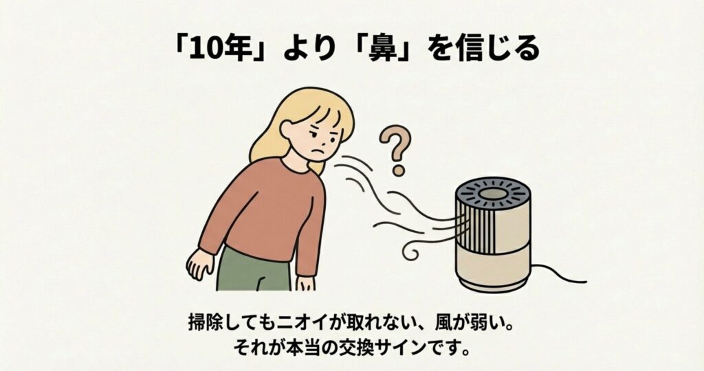 空気清浄機から出る風のニオイを嗅いで疑問を感じている女性のイラスト。「10年より鼻を信じる」というテキストがあり、ニオイが取れない時が本当の交換サインであることを示している。