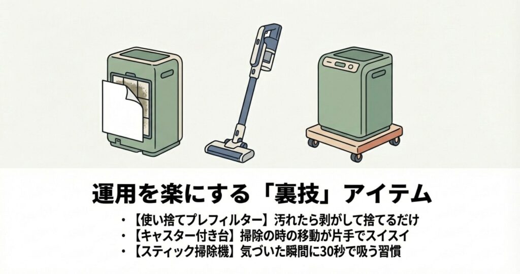 キャスター付きの台に乗った空気清浄機と、コードレススティック掃除機、使い捨てプレフィルターの活用イメージ