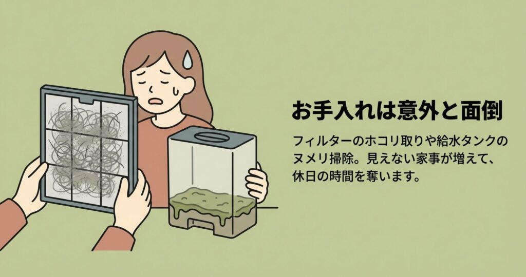 空気清浄機のフィルターに付着したホコリや、給水タンクのヌメリ掃除といった面倒な手入れに悩み、ストレスを感じている女性のイラスト